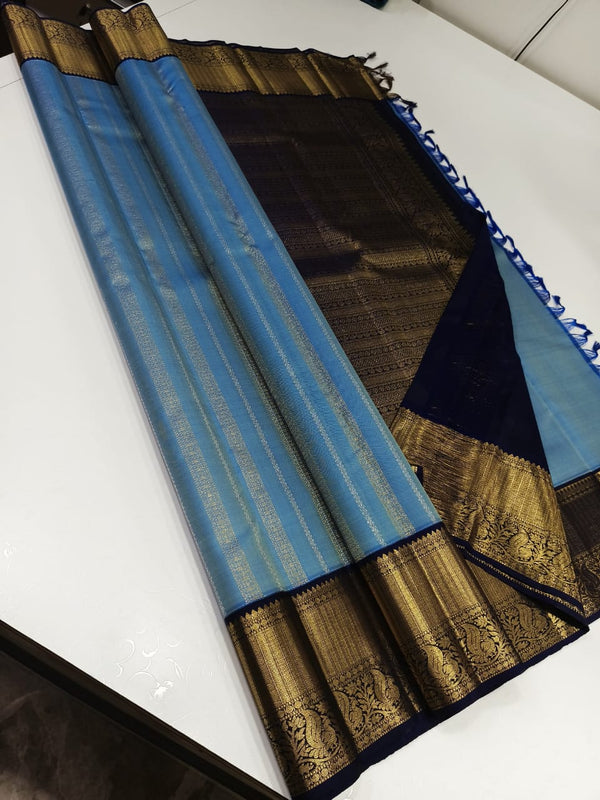 Blue Kanchipuram Silk Saree with Pure Zari Work Golden Border Design
