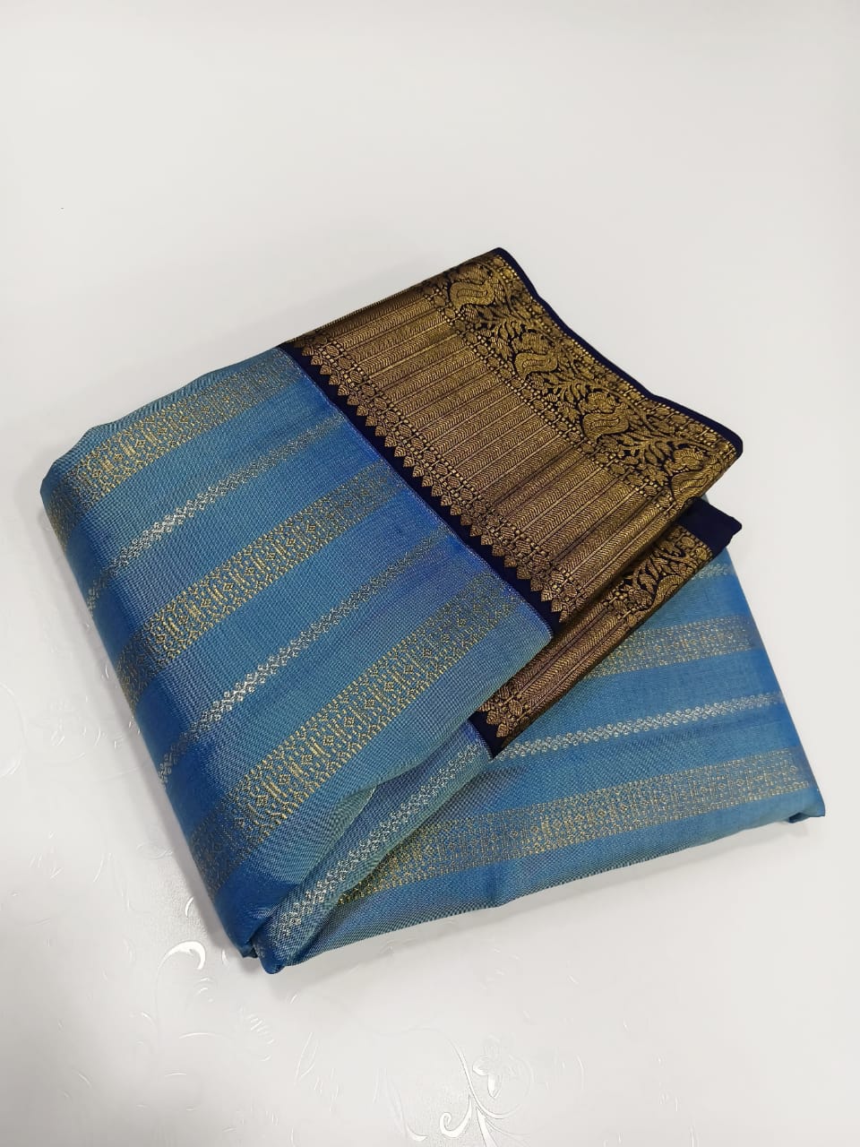 Blue Kanchipuram Silk Saree with Pure Zari Work Golden Border Design
