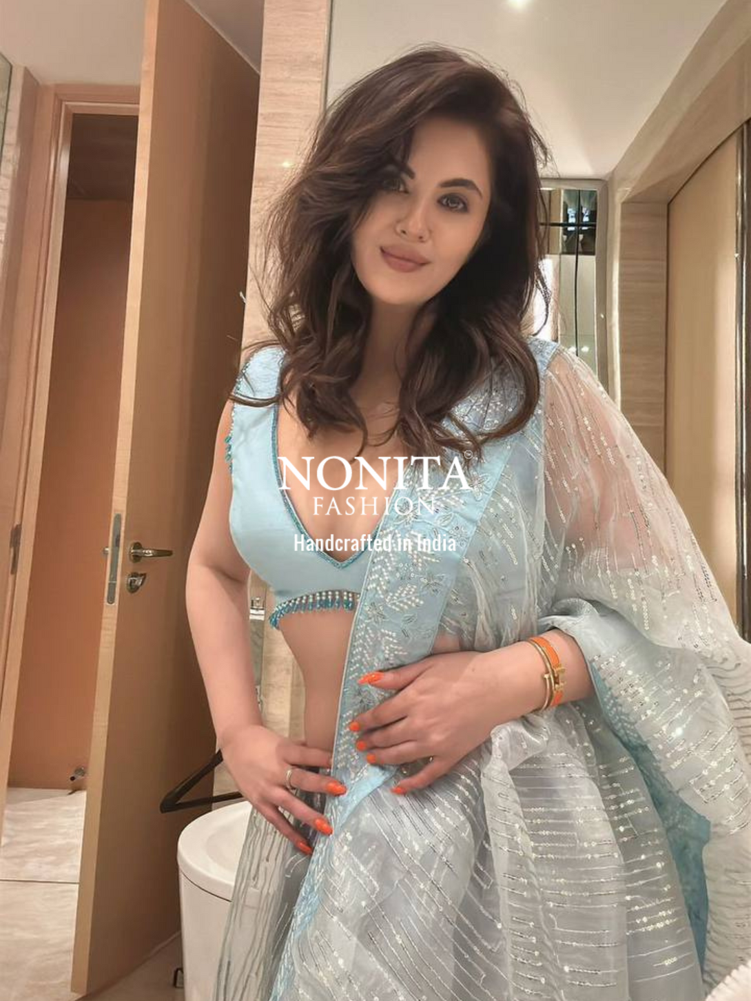 Blue Organza Saree with Embroidery Sequin Work and Lace Border