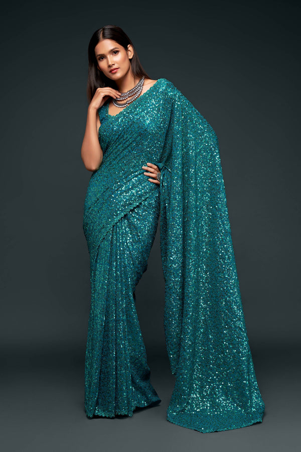 Blue Shimmer Georgette Saree with All Over Heavy Sequin Embroidery 