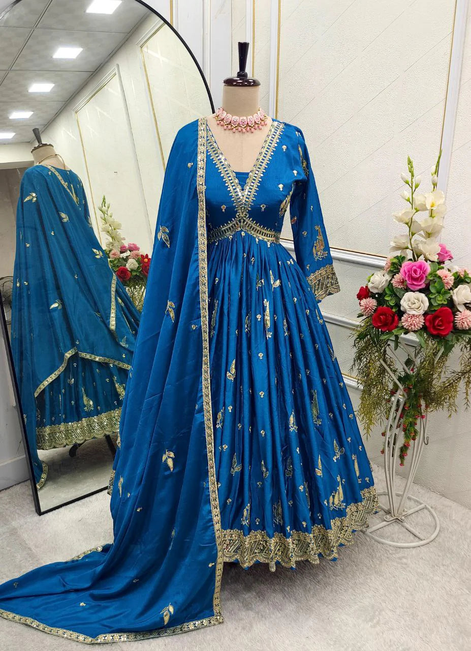 Blue Silk Anarkali Gown with Leaf Design and Embroidery Mirror Work
