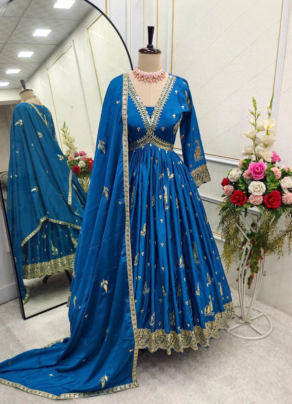 Blue Silk Anarkali Gown with Leaf Design and Embroidery Mirror Work
