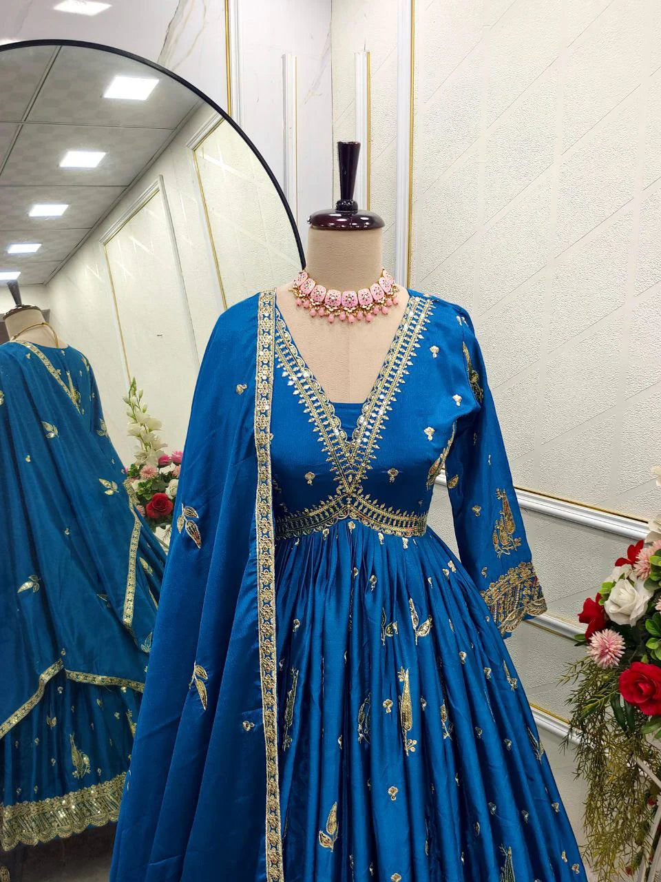 Blue Silk Anarkali Gown with Leaf Design and Embroidery Mirror Work
