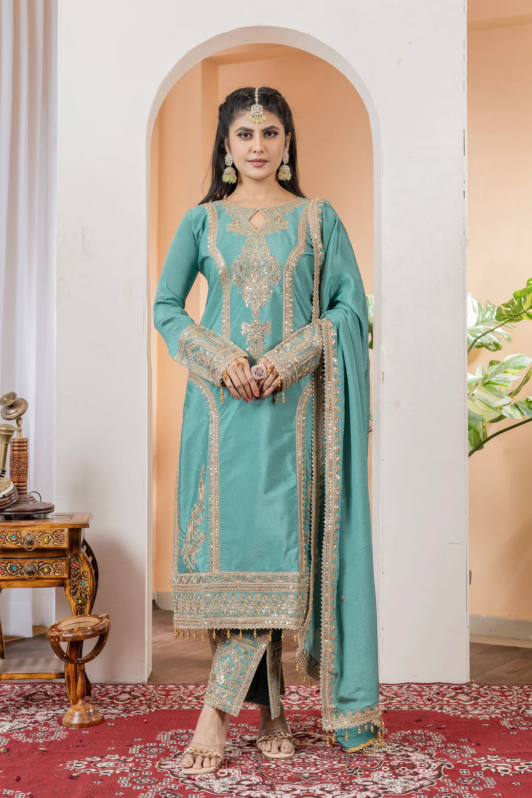 Blue Silk Salwar Kameez showcasing Embroidery and Motifs with Coding Dori Work
