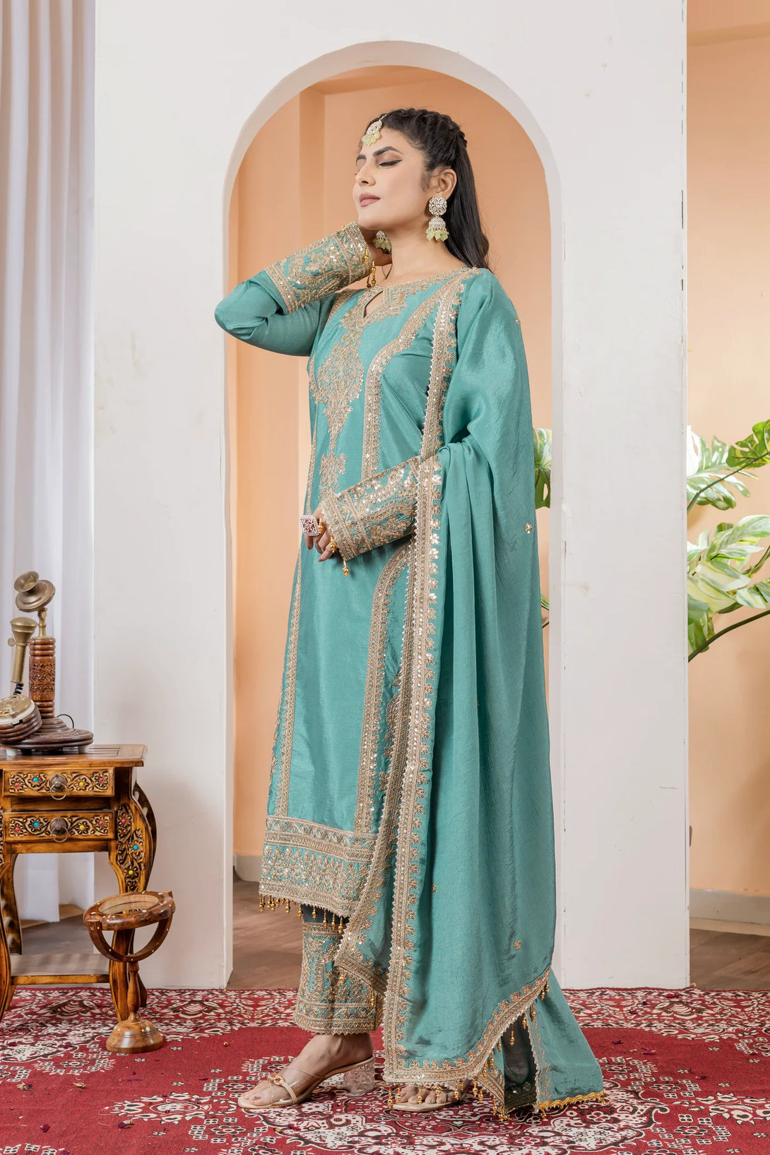 Blue Silk Salwar Kameez showcasing Embroidery and Motifs with Coding Dori Work
