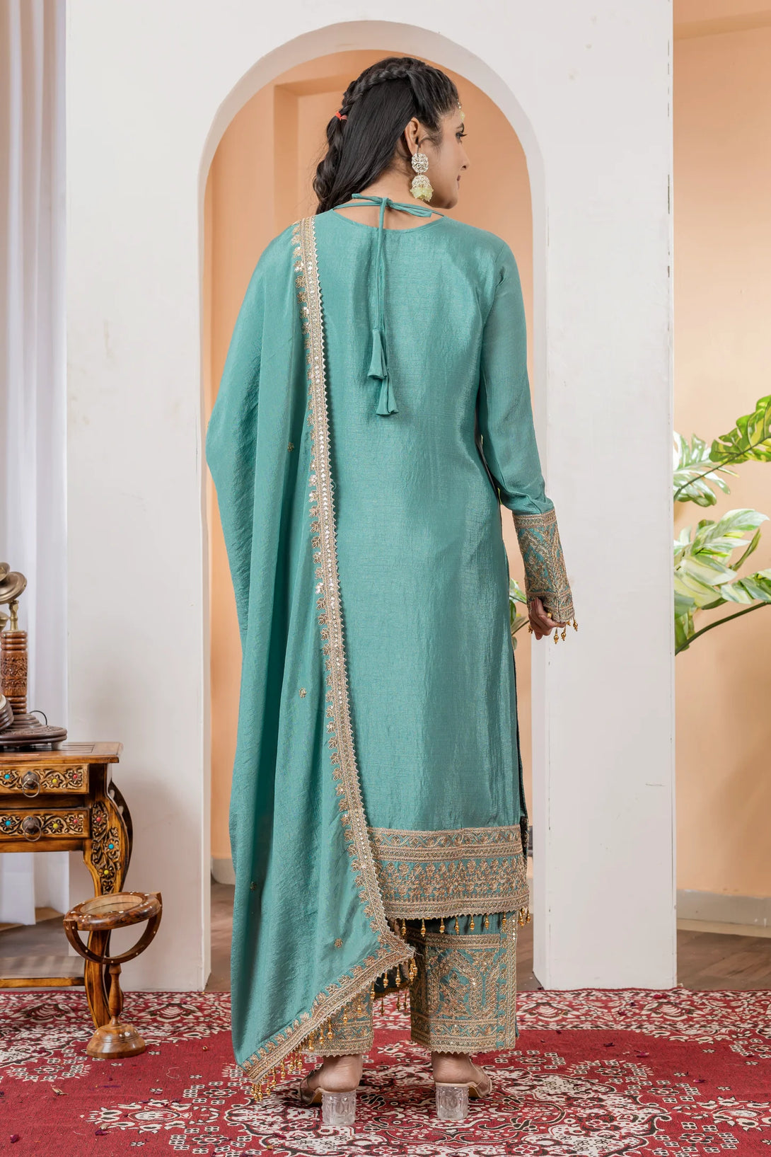 Blue Silk Salwar Kameez showcasing Embroidery and Motifs with Coding Dori Work
