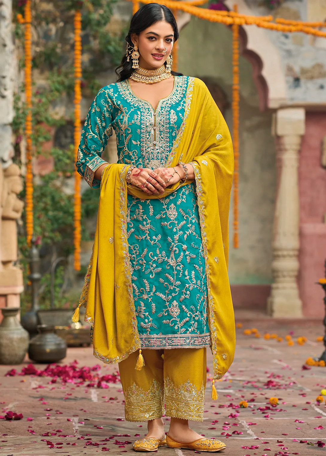 Blue Silk Salwar Kameez with All Over Heavy Zari work Embroidery
