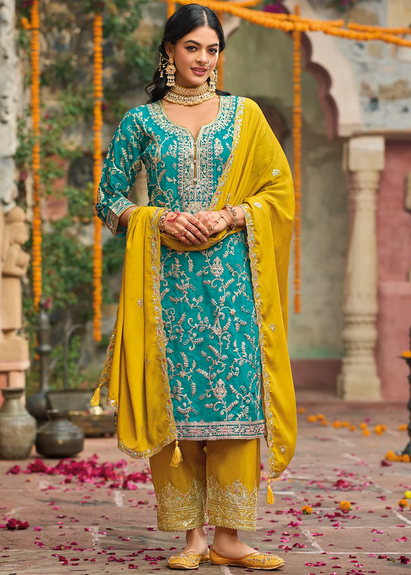 Blue Silk Salwar Kameez with All Over Heavy Zari work Embroidery
