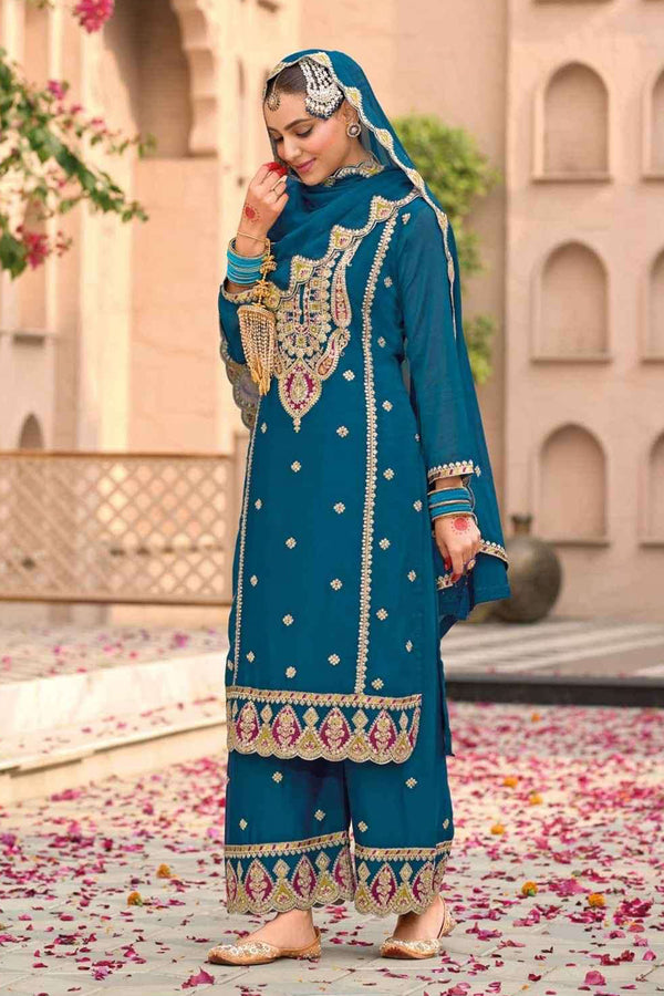 Blue Silk Salwar Kameez with Zari Embroidery and Thread Work
