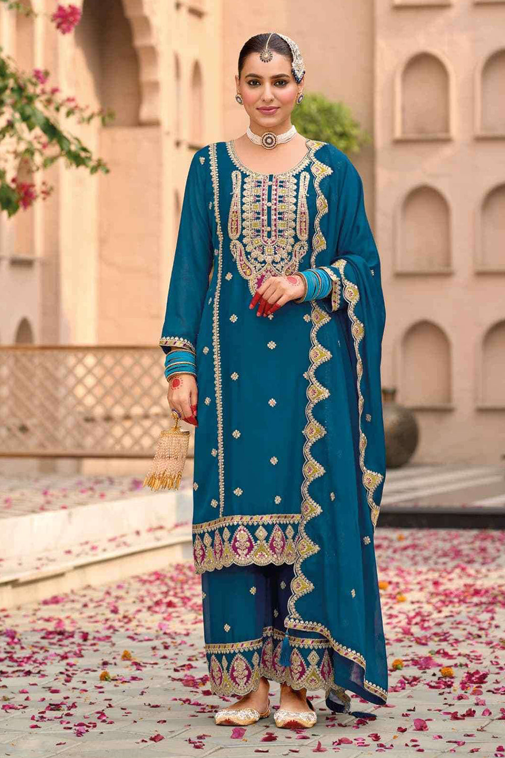 Blue Silk Salwar Kameez with Zari Embroidery and Thread Work
