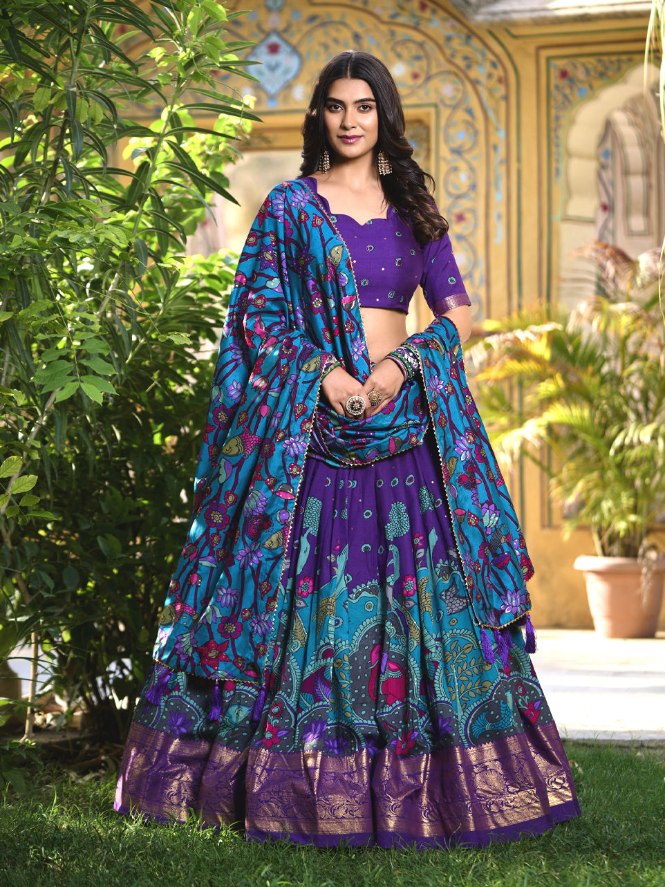 Blue Tussar Silk Lehenga with Printed Motifs and floral Traditional Design
