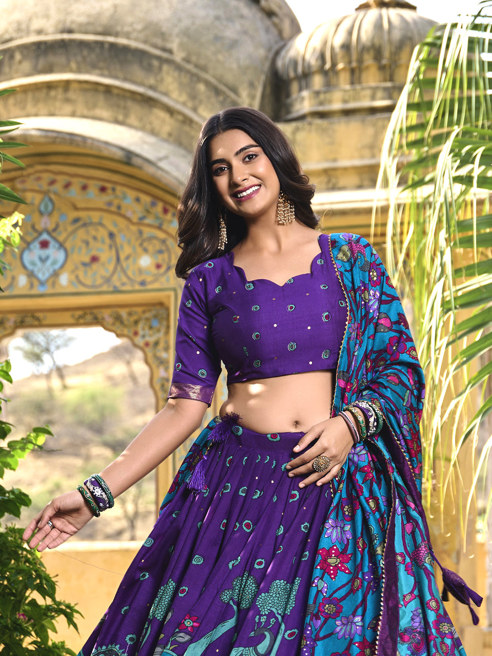 Blue Tussar Silk Lehenga with Printed Motifs and floral Traditional Design
