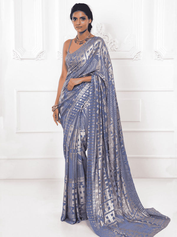 Blue and Silver Georgette Saree with All Over Sequin Embroidery
