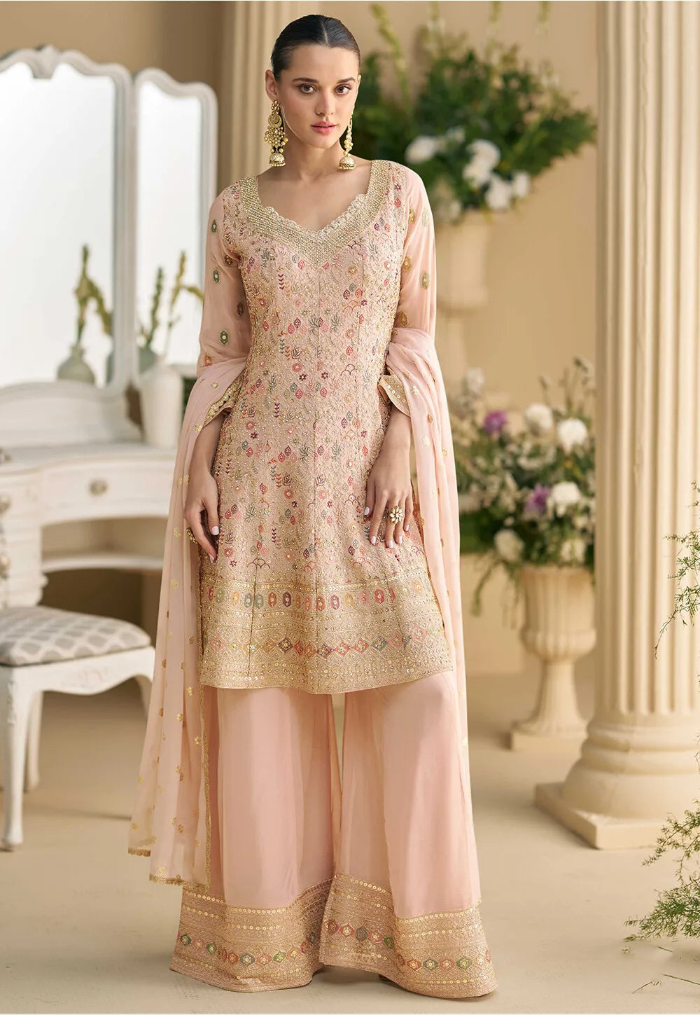 Blush Pink Georgette Sharara with All Over Multi Colored Threads Embroidery and Golden Zari work
