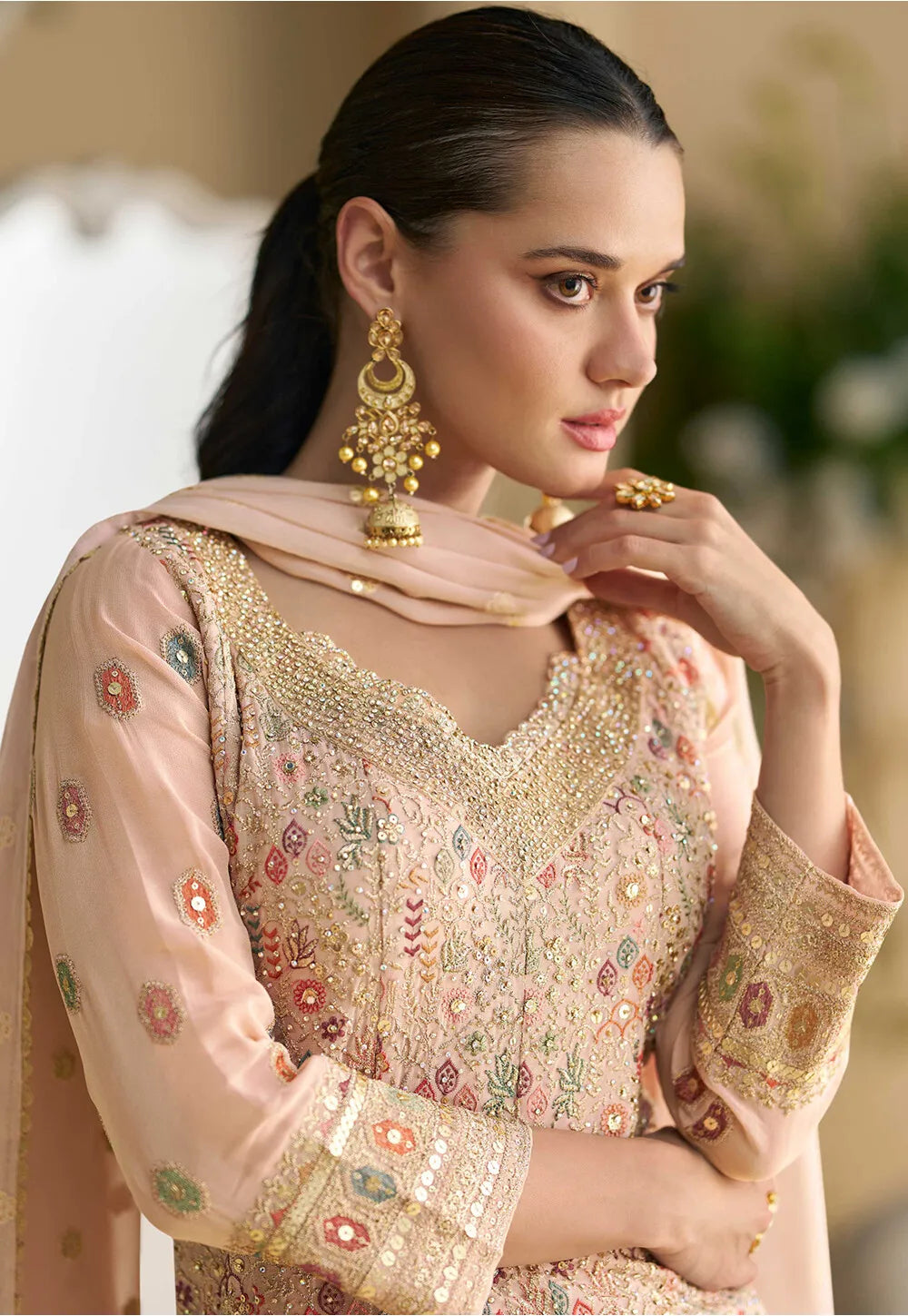 Blush Pink Georgette Sharara with All Over Multi Colored Threads Embroidery and Golden Zari work
