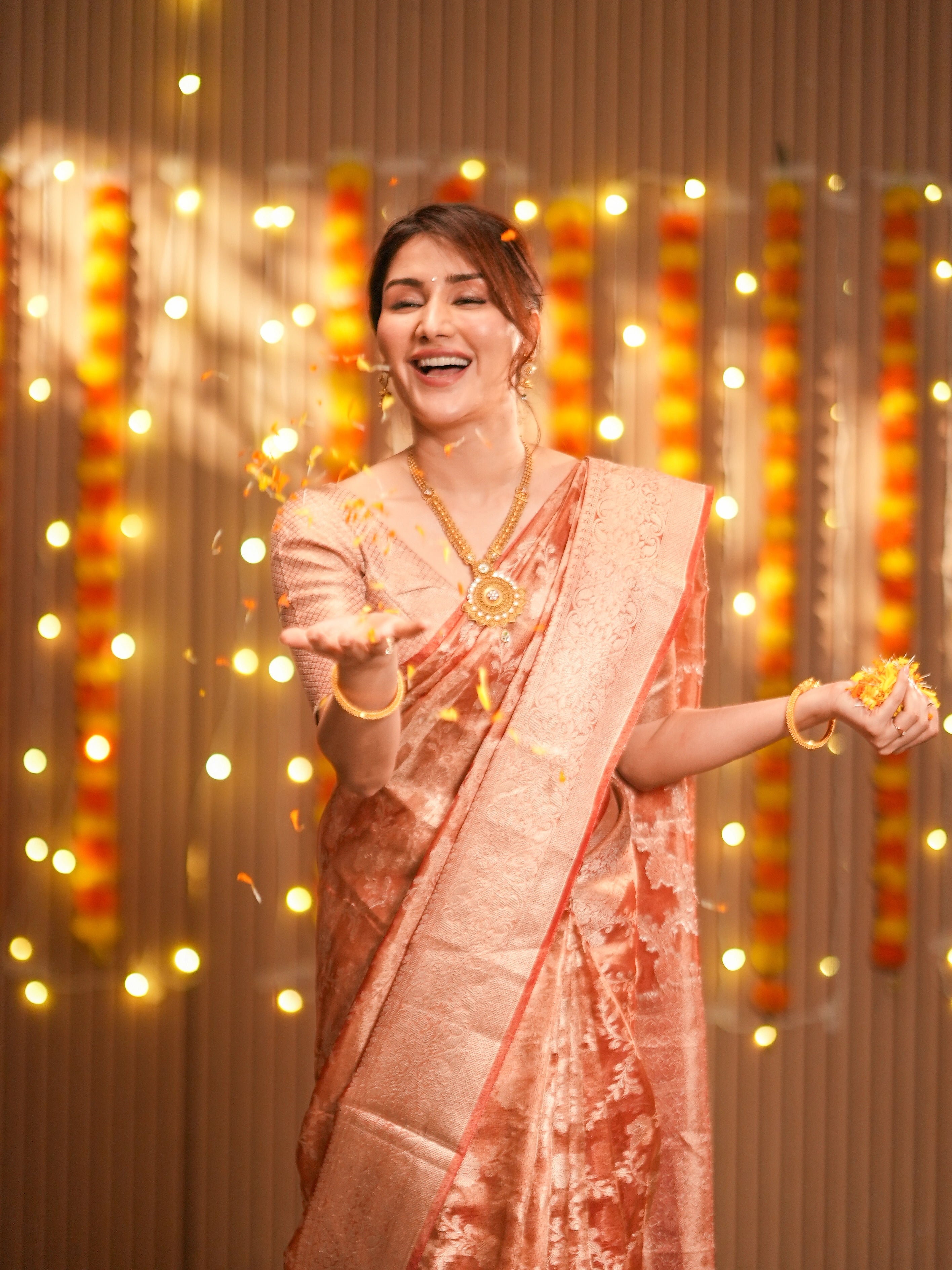 Orange Banarasi Silk Saree with Pure Gold Zari Floral Weaving and Matching Checked Blouse