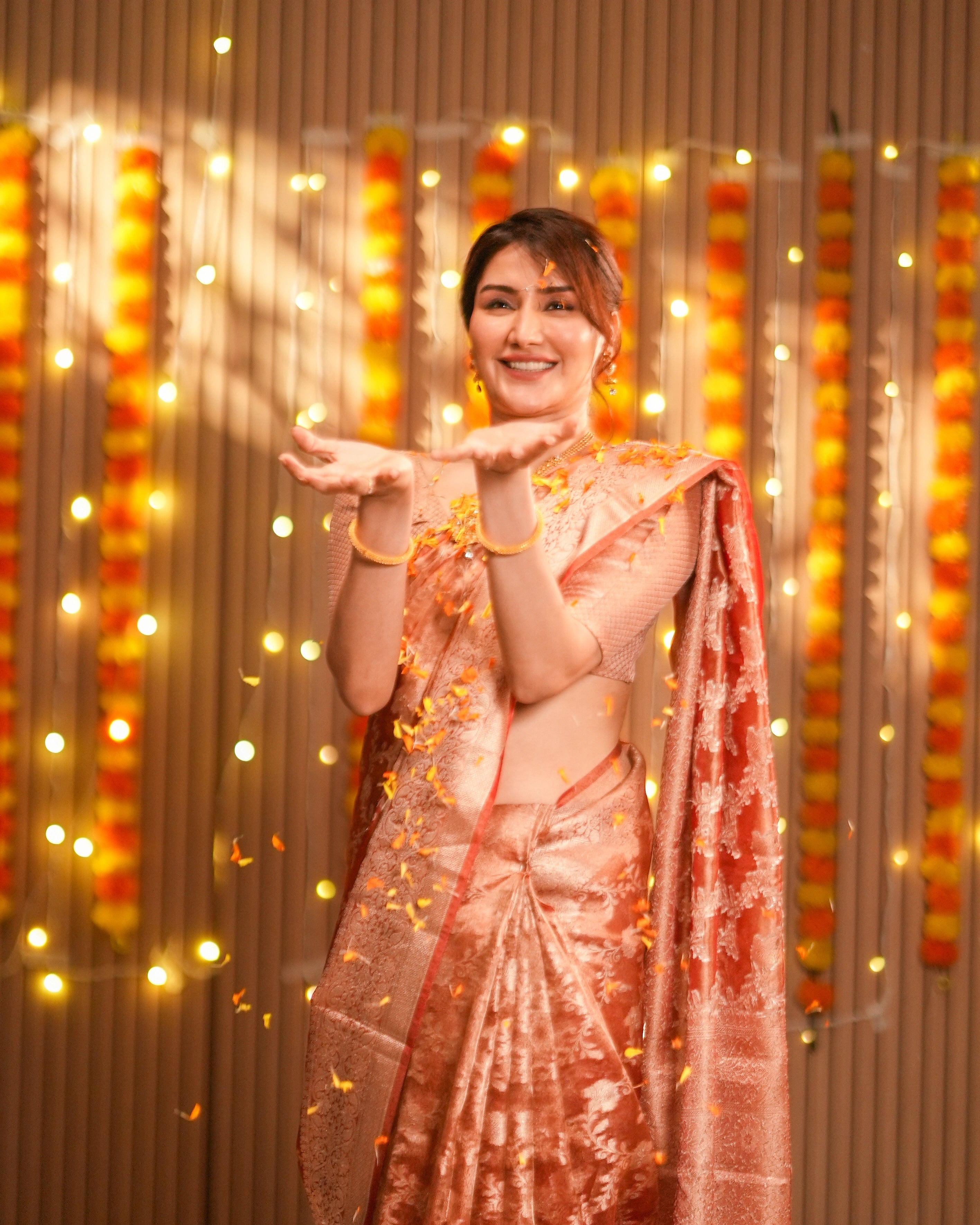 Orange Banarasi Silk Saree with Pure Gold Zari Floral Weaving and Matching Checked Blouse