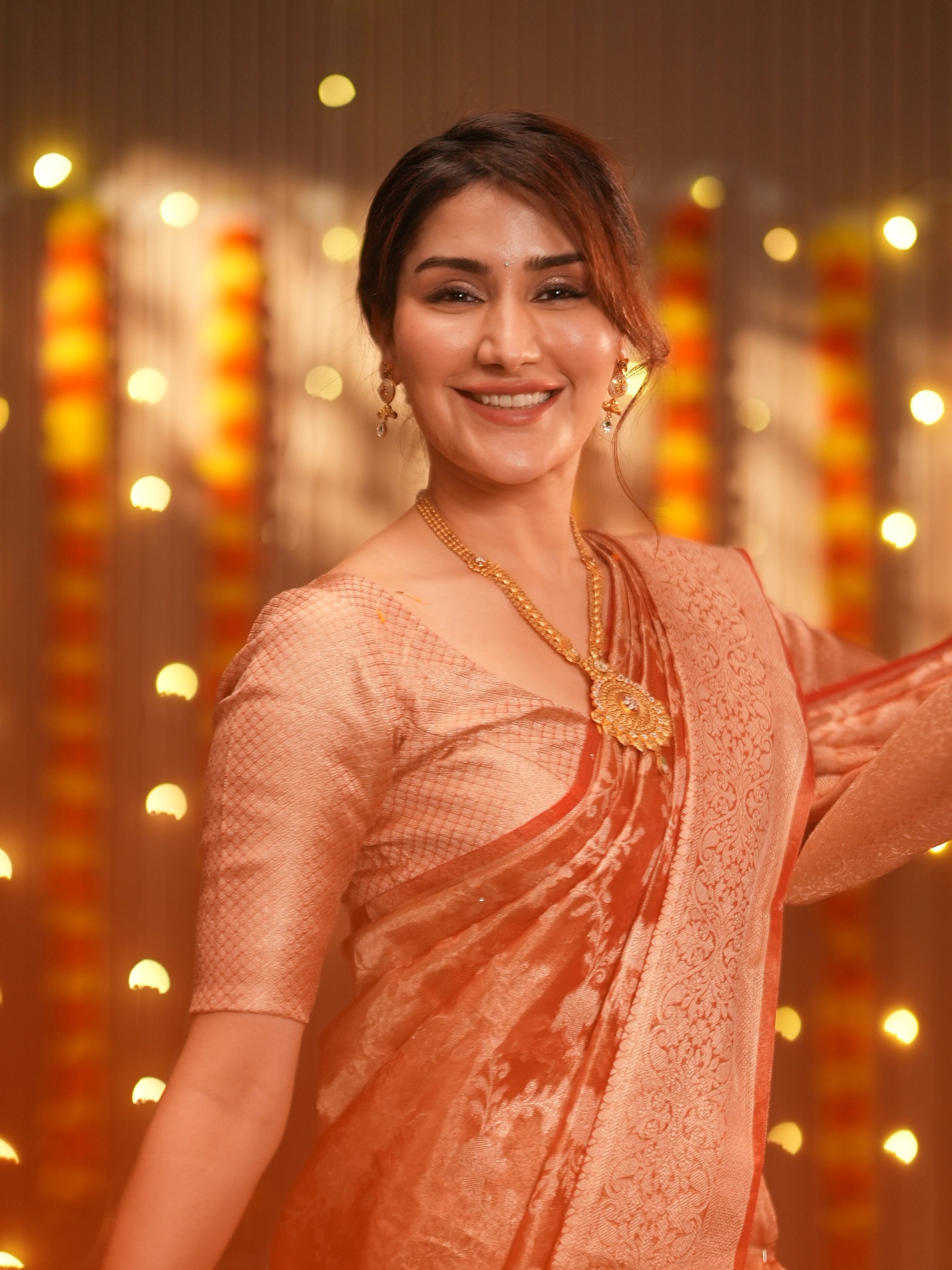 Orange Banarasi Silk Saree with Pure Gold Zari Floral Weaving and Matching Checked Blouse