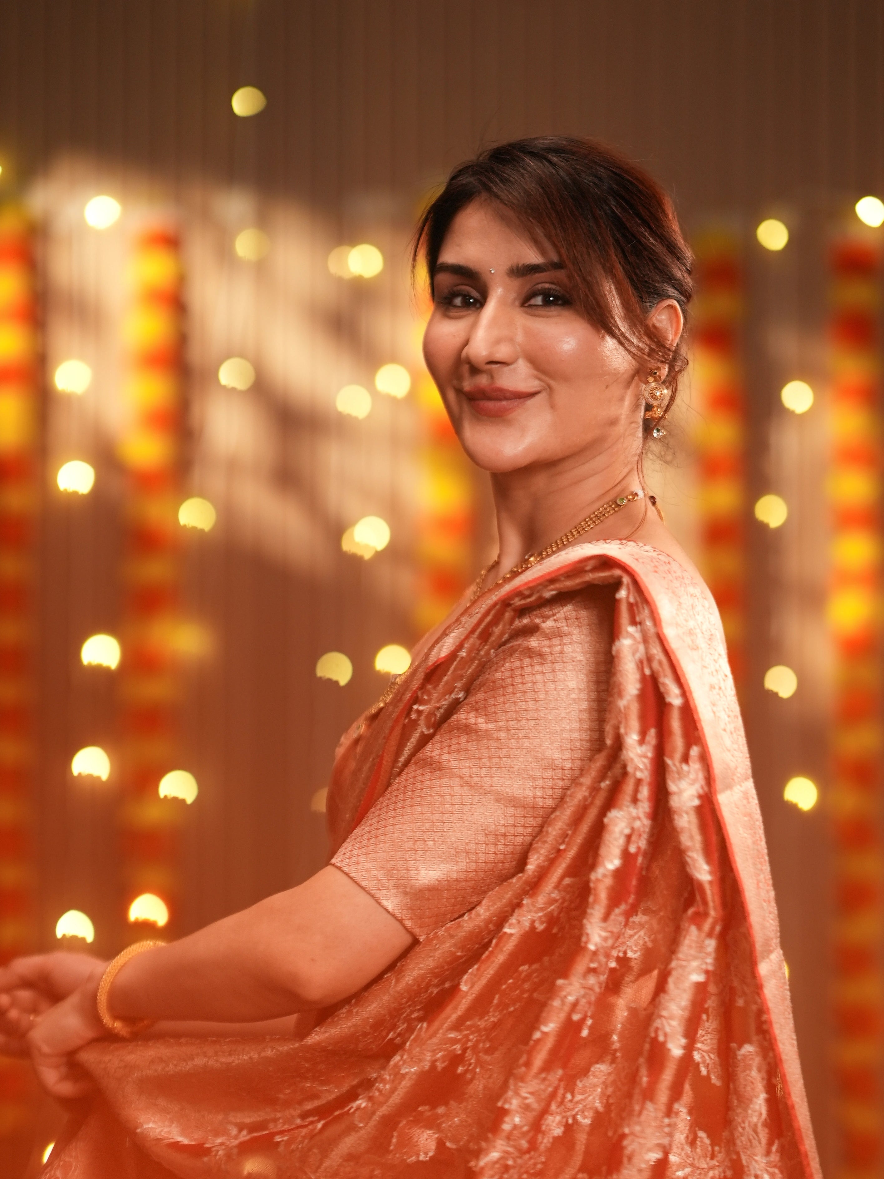 Orange Banarasi Silk Saree with Pure Gold Zari Floral Weaving and Matching Checked Blouse