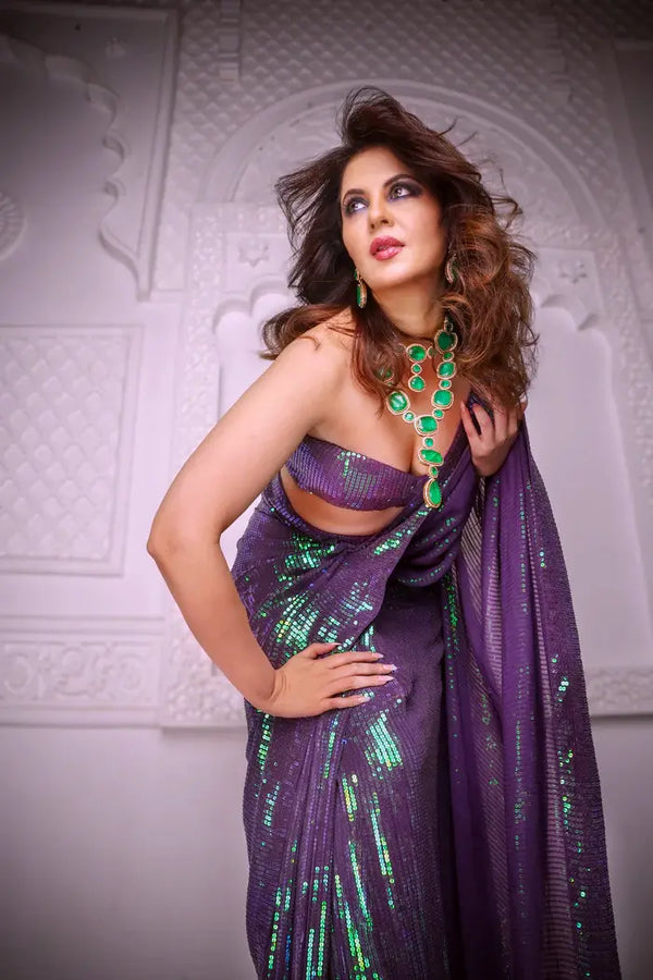 Violet Shimmer Georgette Pre-Drape Saree with Heavy Dual-Tone and All-over Sequin