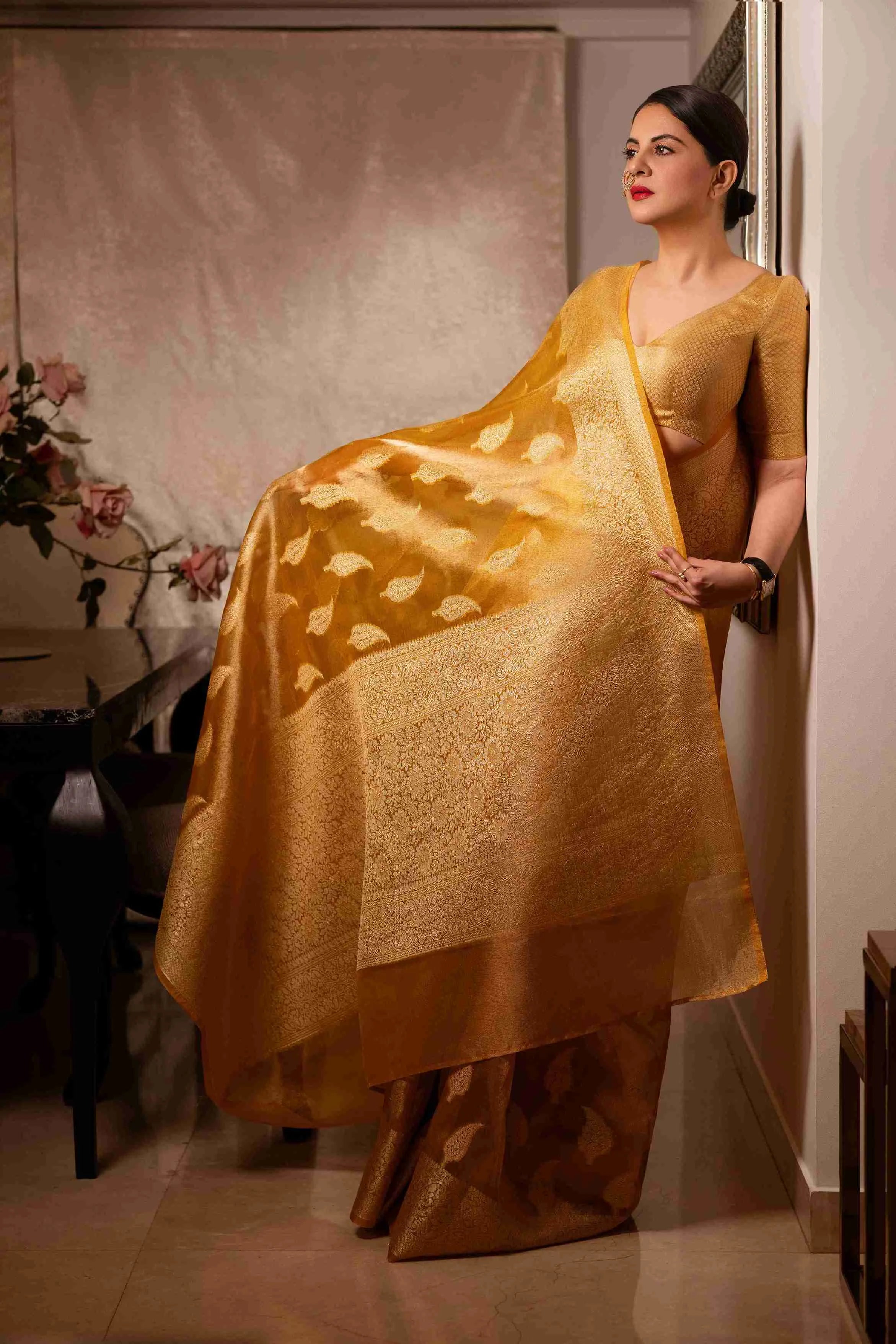 Yellow Banarasi Silk Saree with Pure Gold Zari Leaf Design and Matching Checked Blouse