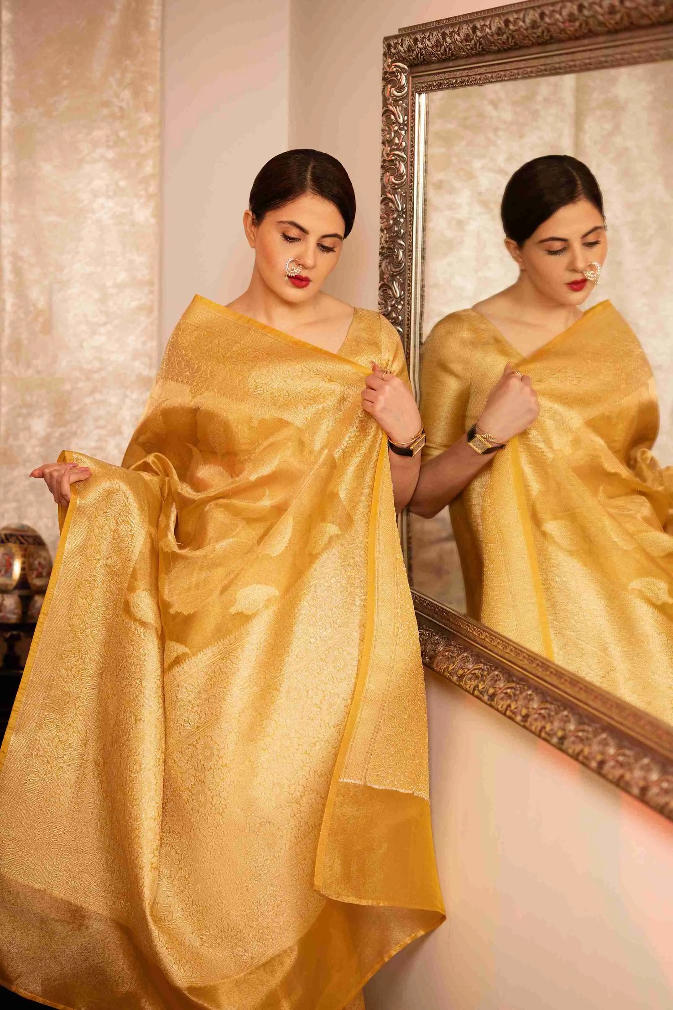 Yellow Banarasi Silk Saree with Pure Gold Zari Leaf Design and Matching Checked Blouse