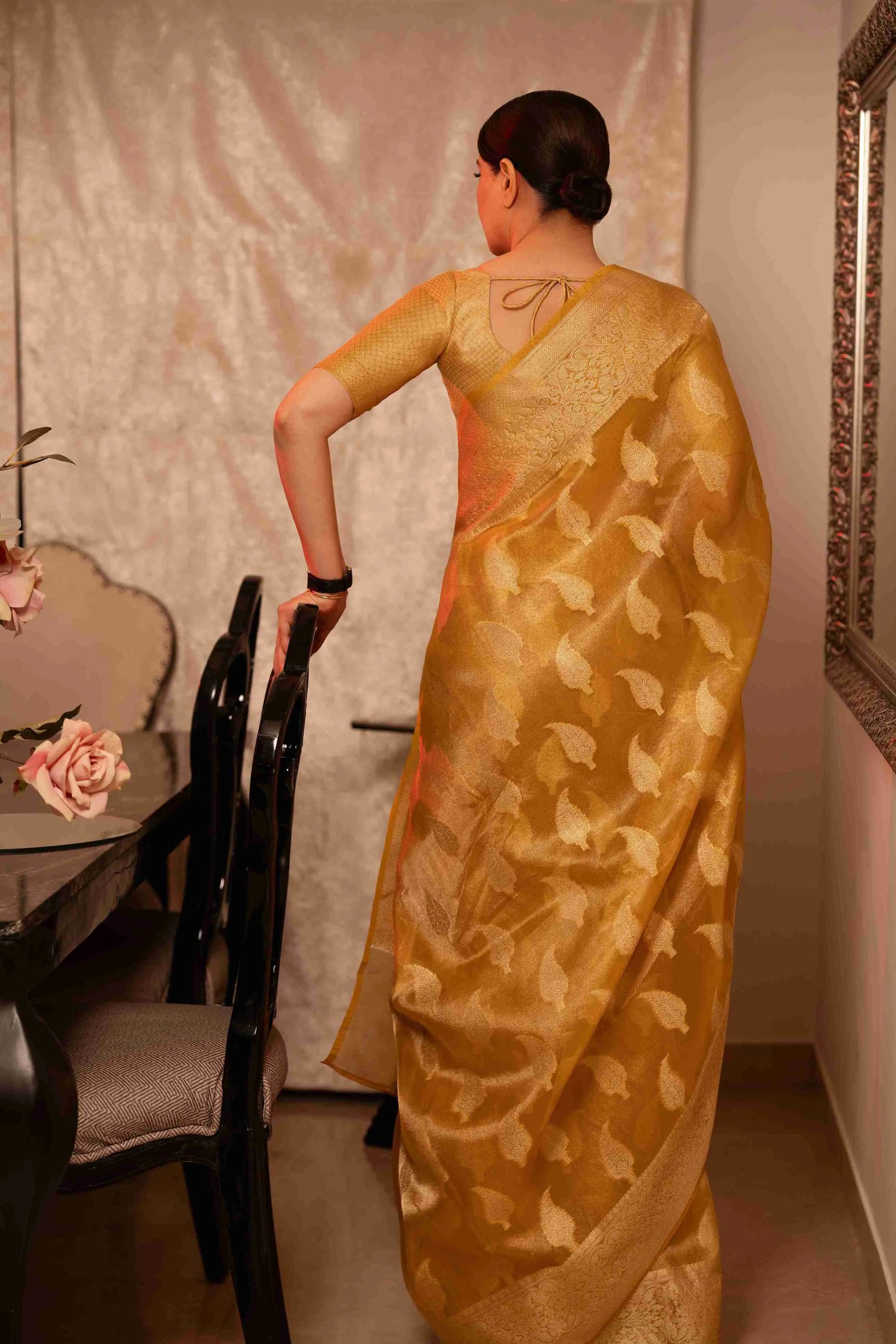 Yellow Banarasi Silk Saree with Pure Gold Zari Leaf Design and Matching Checked Blouse