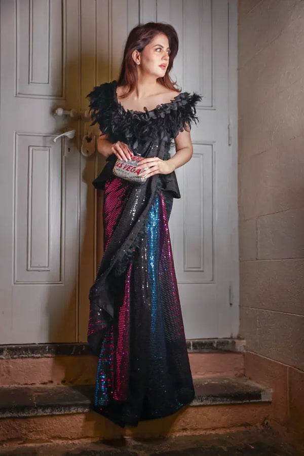 Midnight Siren – Black Sequin Saree with Ruffle Feather Blouse by Label Nonita Fashion