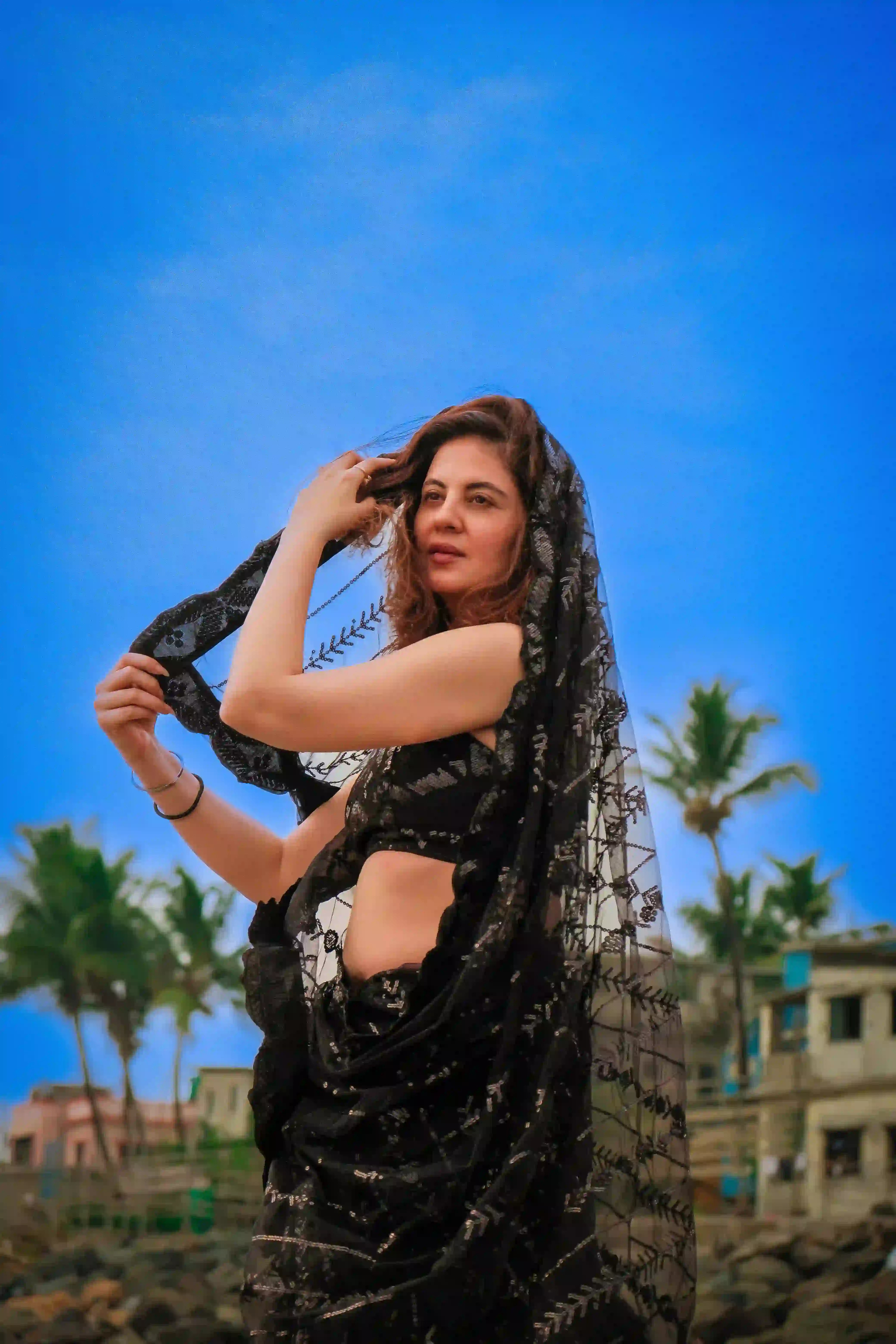 Black Net Saree with All Over Sequin Embroidery Work and Matching Sequin Blouse