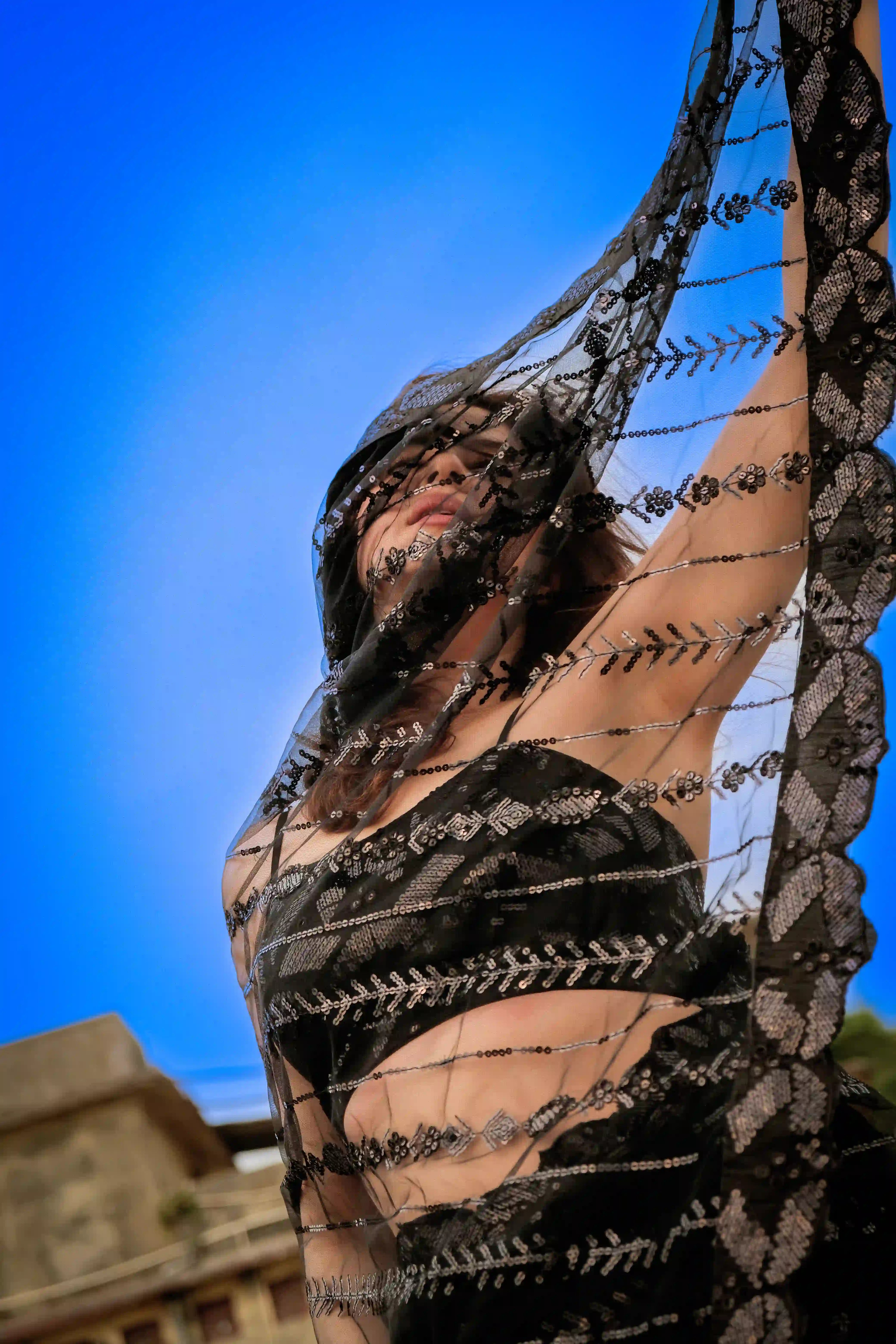 Black Net Saree with All Over Sequin Embroidery Work and Matching Sequin Blouse