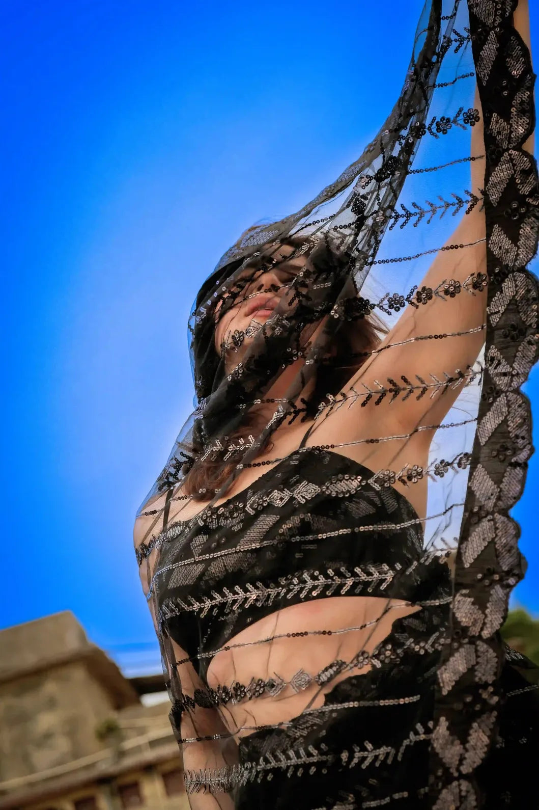 Black Net Saree with All Over Sequin Embroidery Work and Matching Sequin Blouse