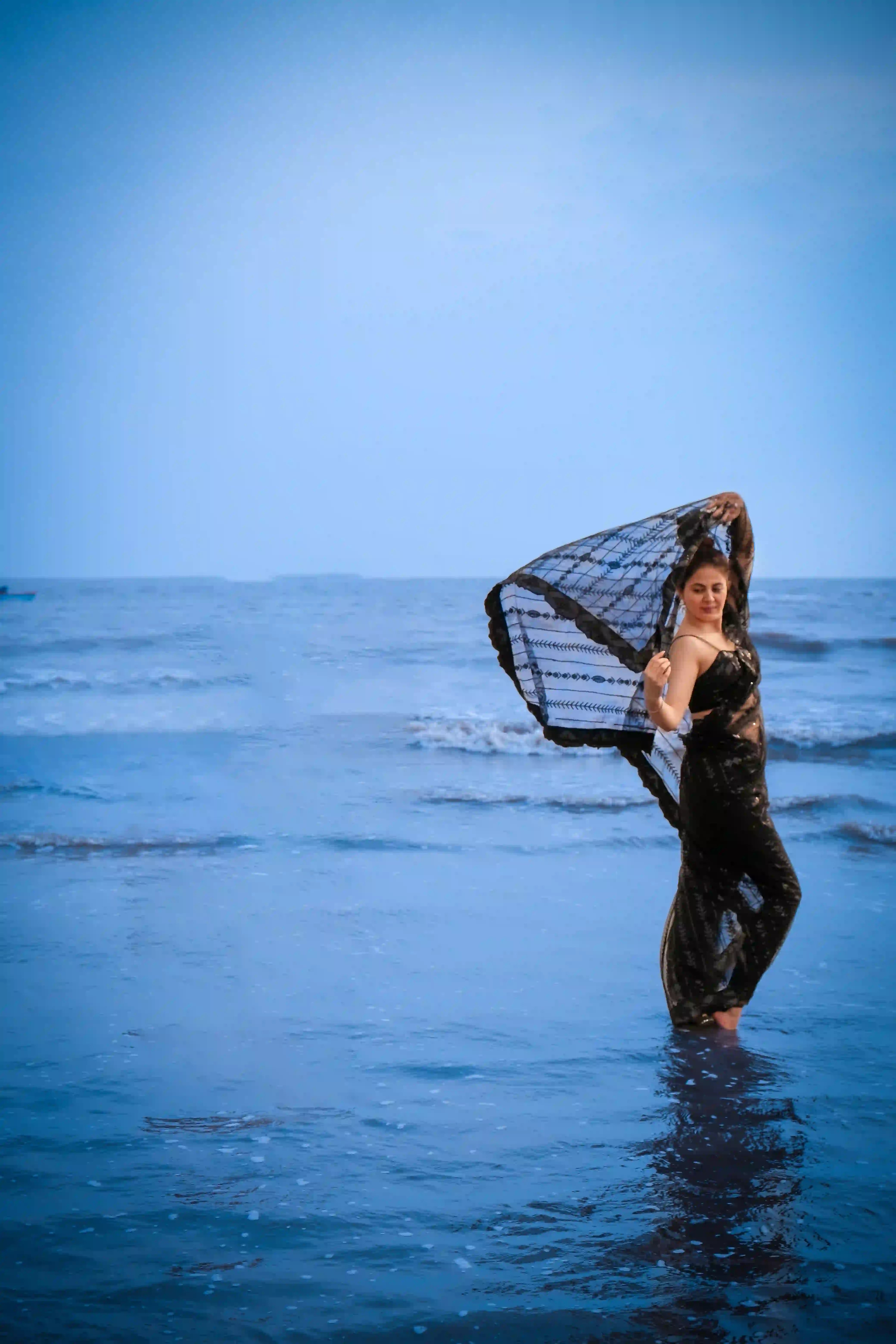 Black Net Saree with All Over Sequin Embroidery Work and Matching Sequin Blouse