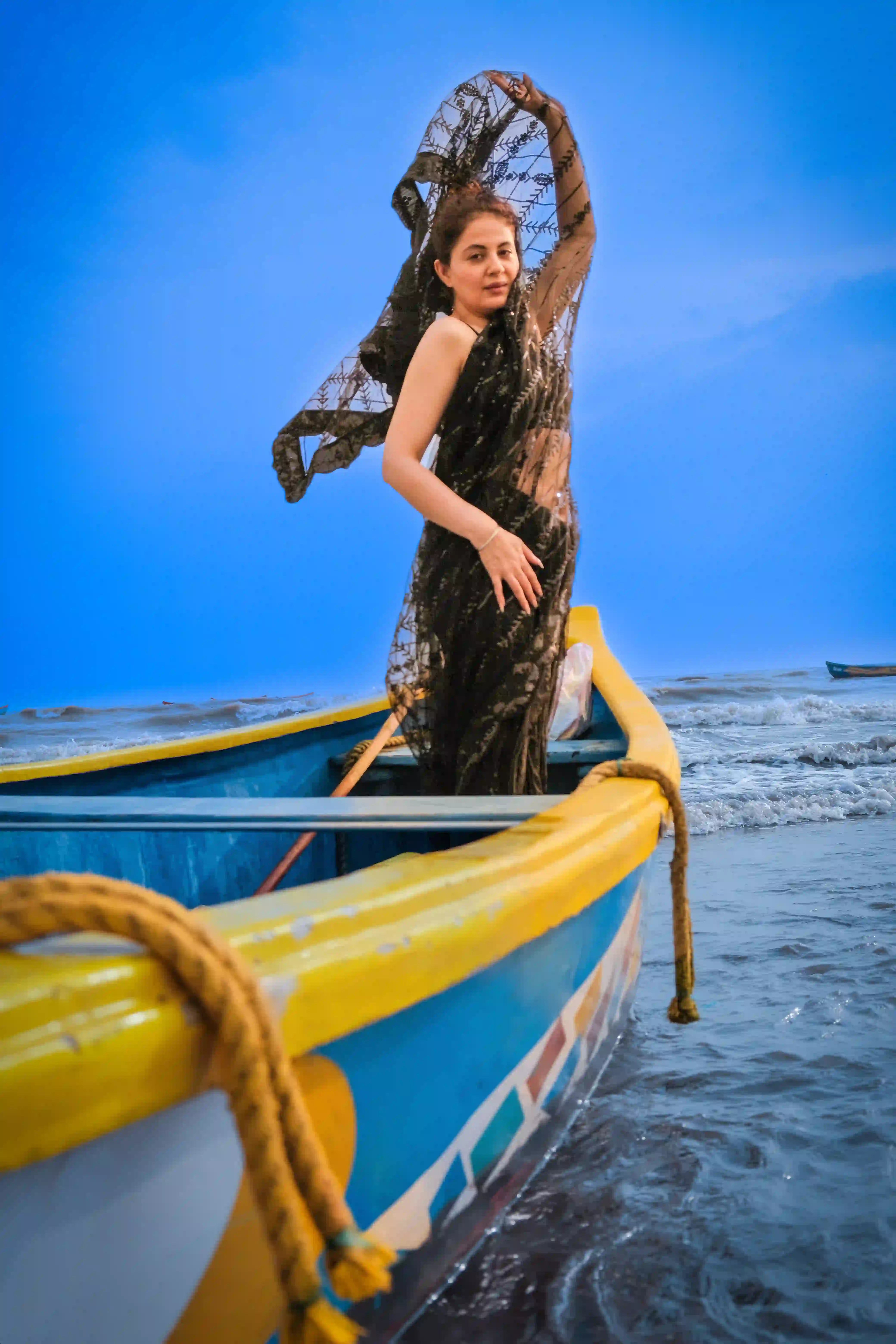 Black Net Saree with All Over Sequin Embroidery Work and Matching Sequin Blouse