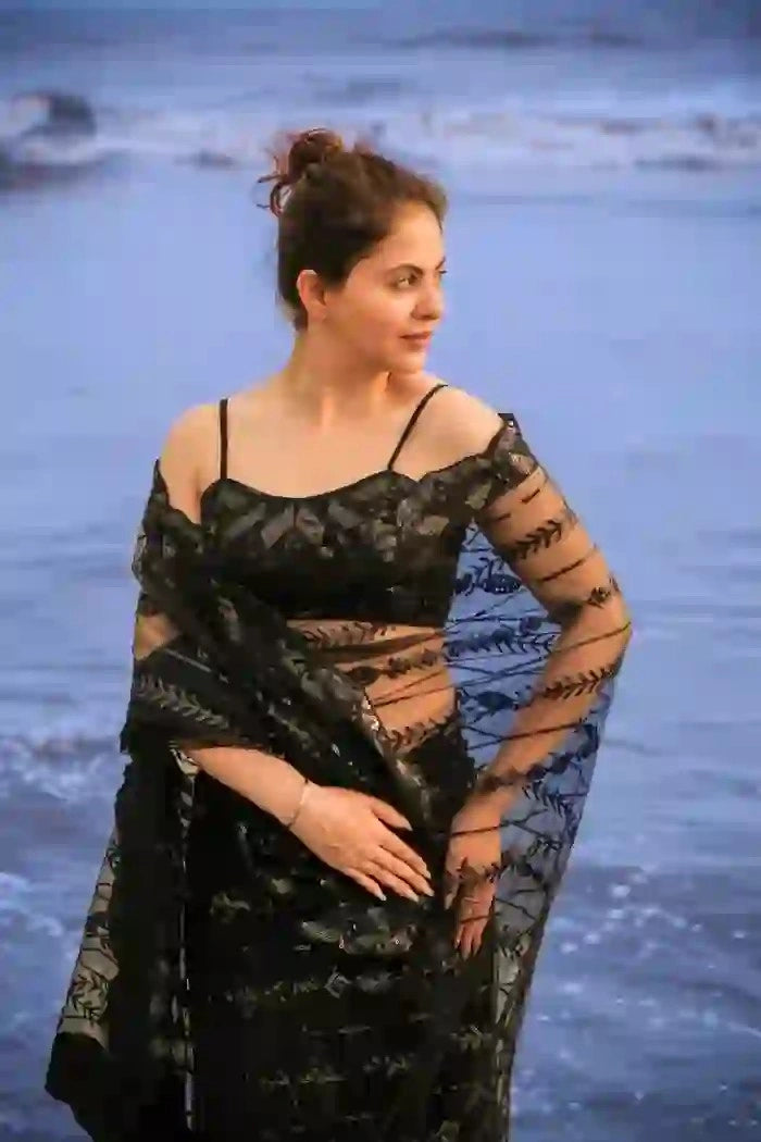 Black Net Saree with All Over Sequin Embroidery Work and Matching Sequin Blouse