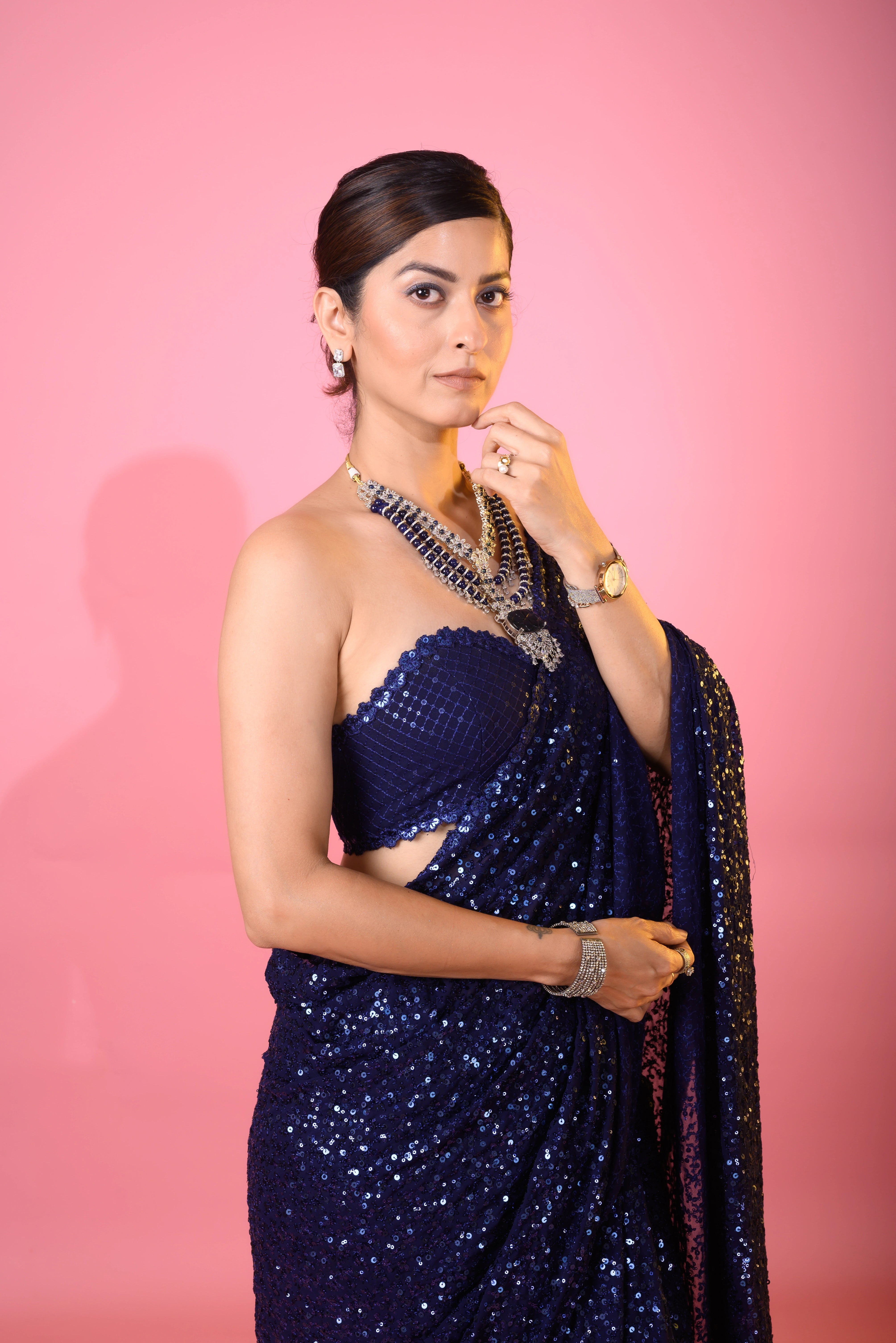 Navy Blue Georgette Saree with All Over Shimmer Sequin Work and Matching Sequin Blouse