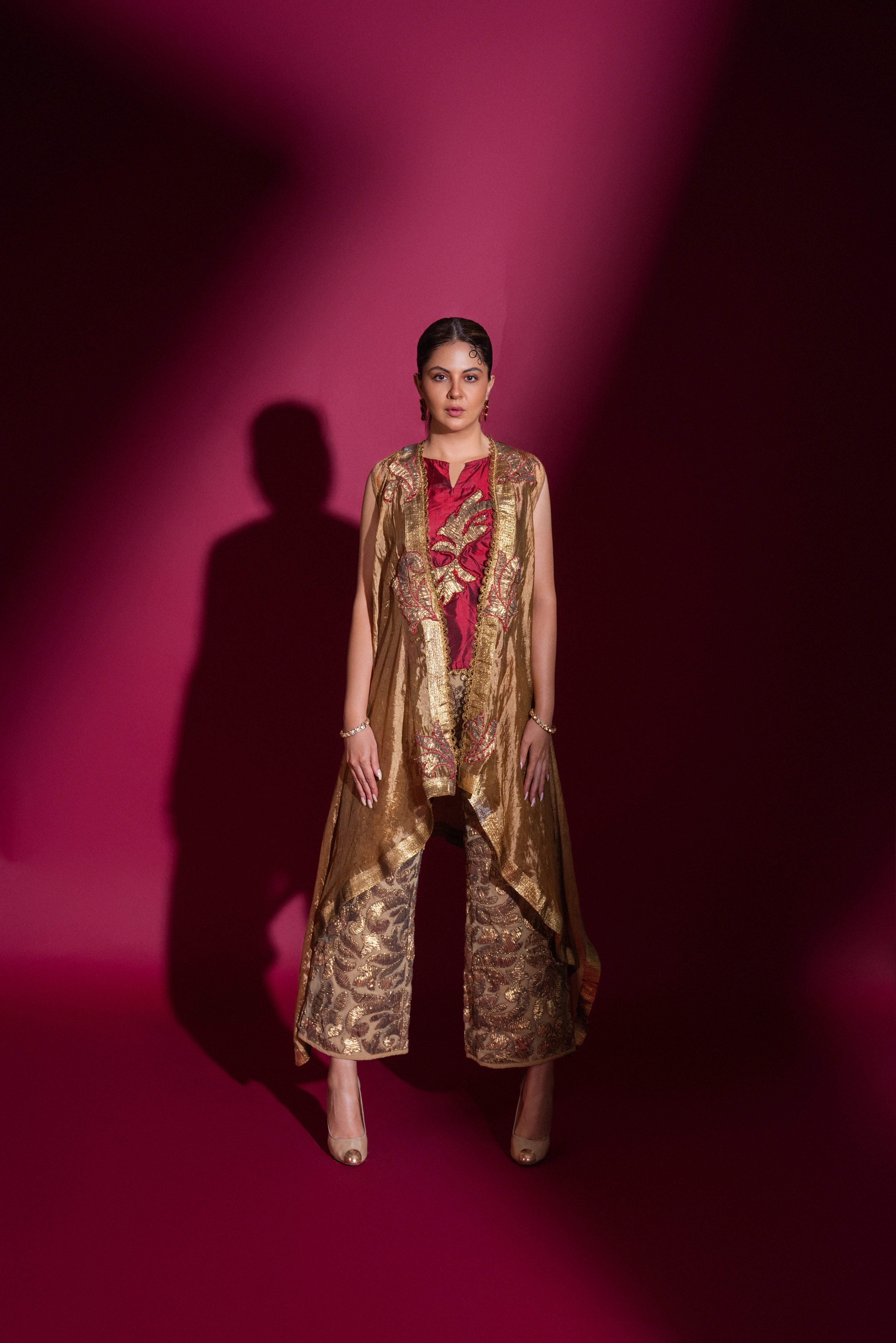 Gold and Red Silk Pant and Top with All Over Embroidered Cape Work