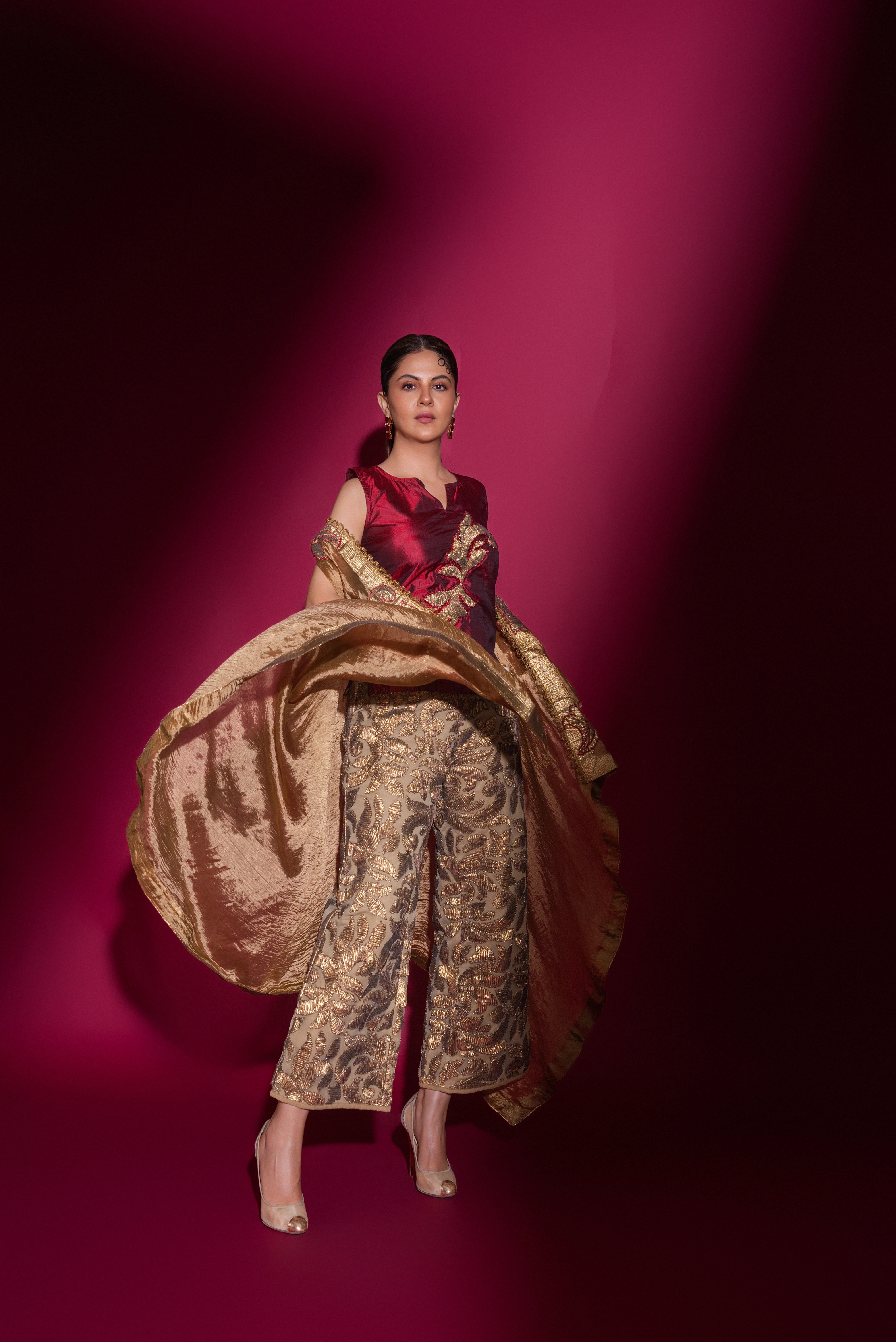 Gold and Red Silk Pant and Top with All Over Embroidered Cape Work