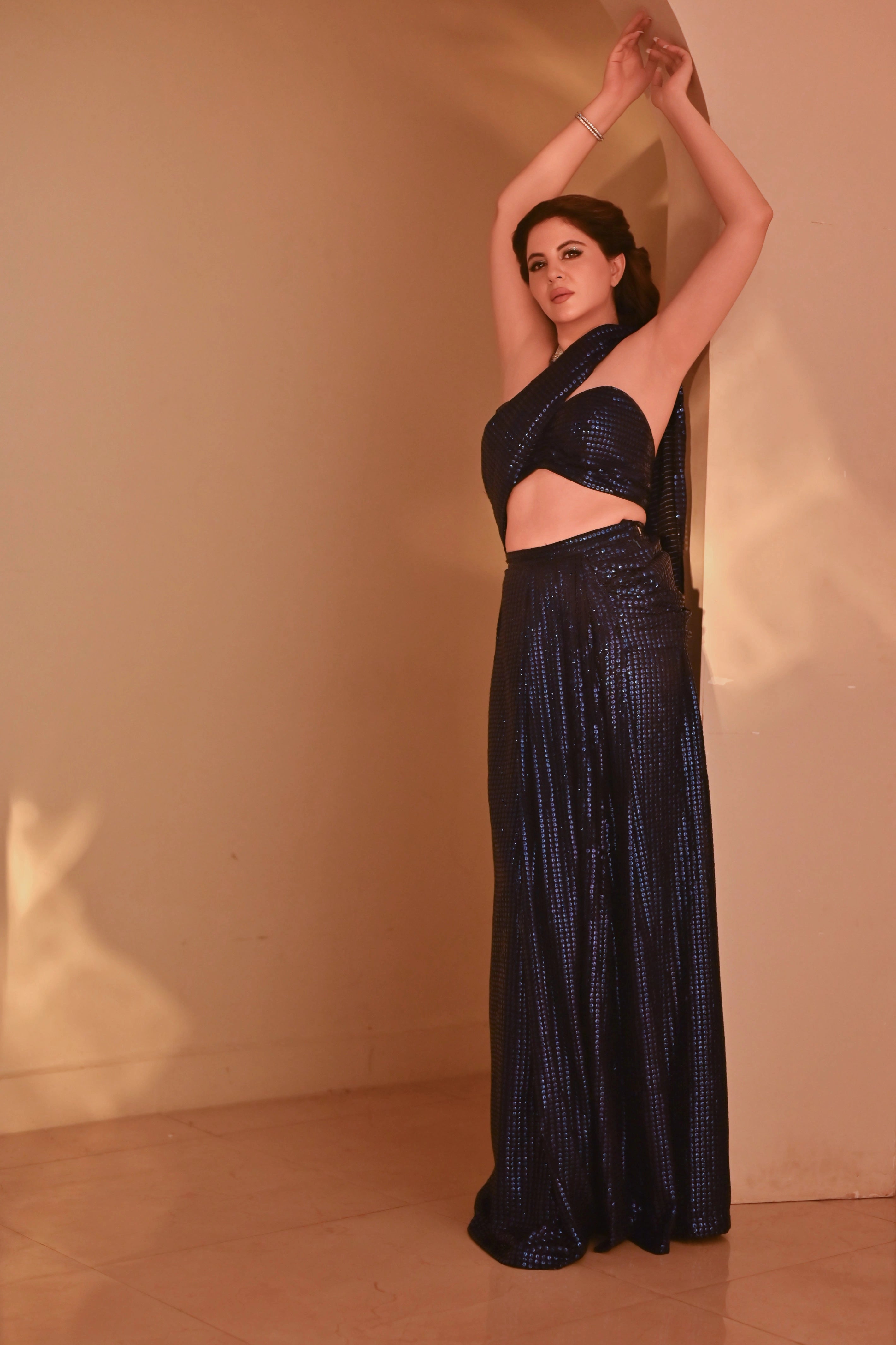 Royal Blue Georgette Saree with All-Over Gold Sequin Work and Matching Blouse