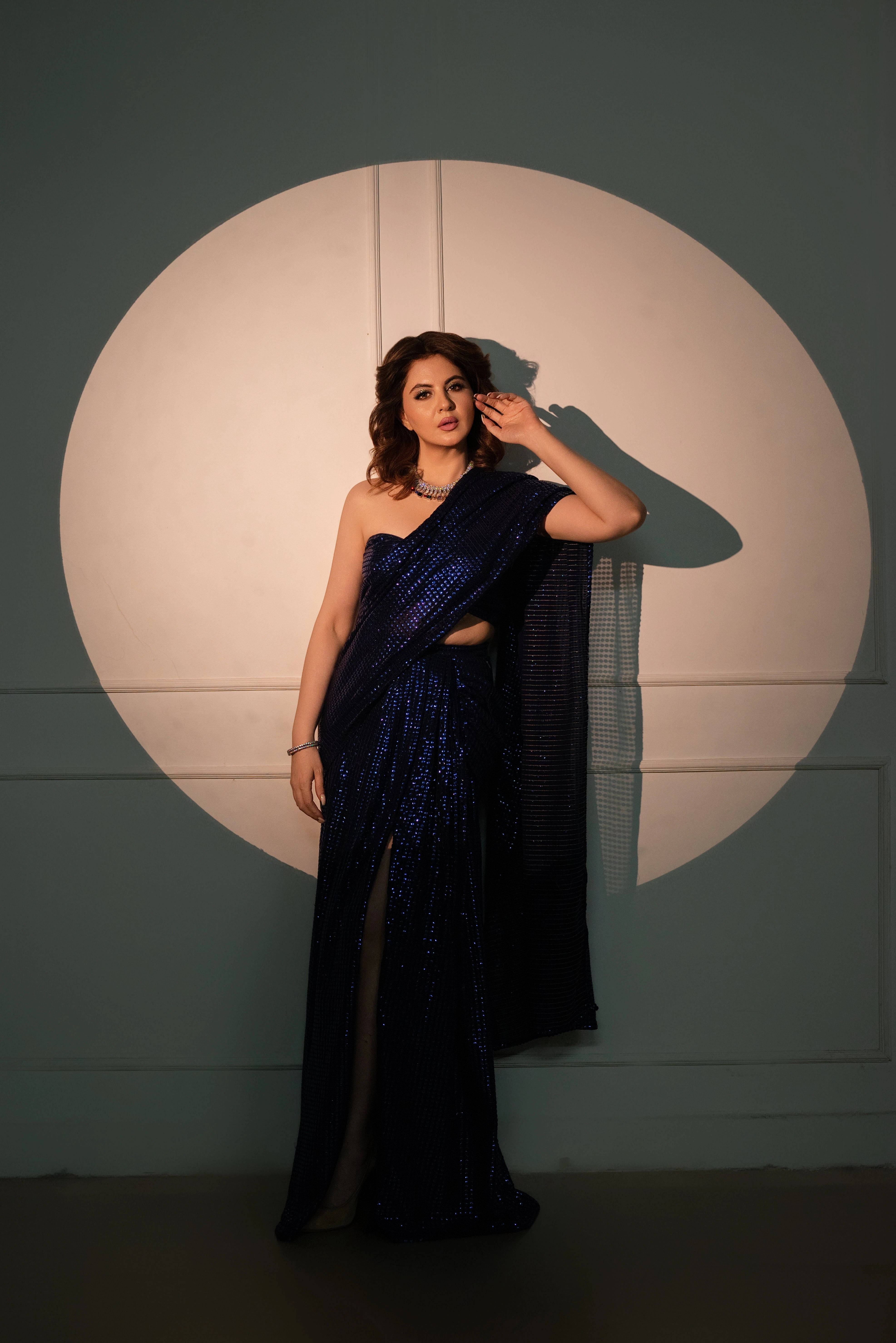 Royal Blue Georgette Saree with All-Over Gold Sequin Work and Matching Blouse