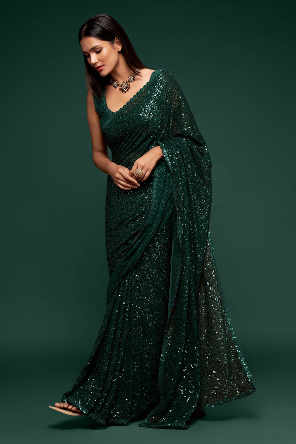 Dark Green Shimmer Georgette Saree with All Over Heavy Sequin Embroidery 