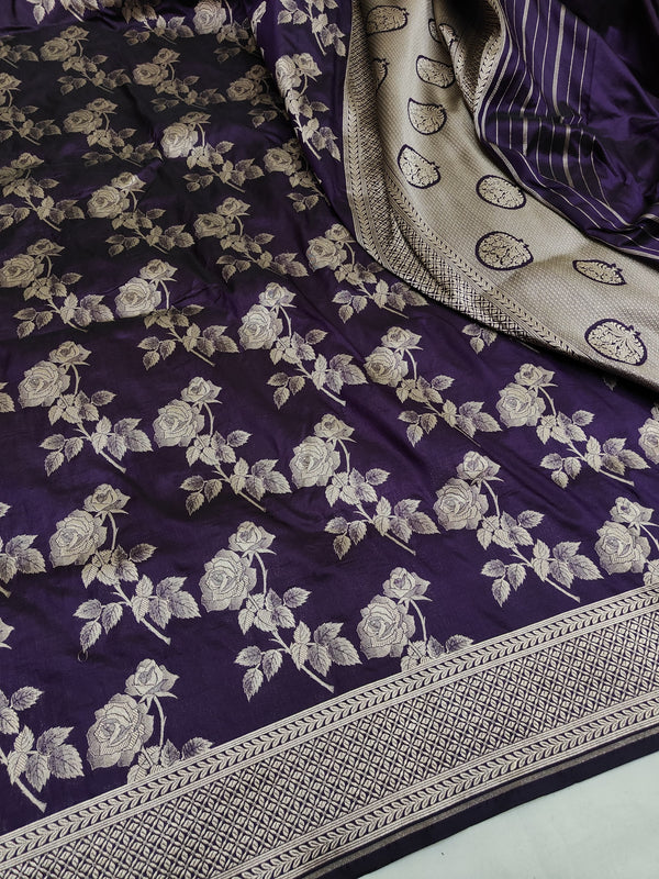 Dark Purle Banarasi Silk Saree Golden Zari Work
