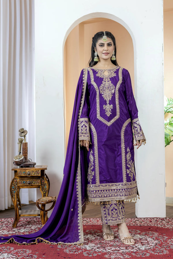 Dark Purple Silk Salwar Kameez showcasing Embroidery and Motifs with Coding Dori Work
