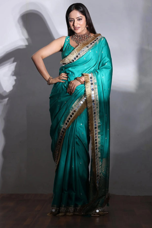 Blue Banarasi Silk Saree with Gold Zari Mirror Work Border and Matching Blouse