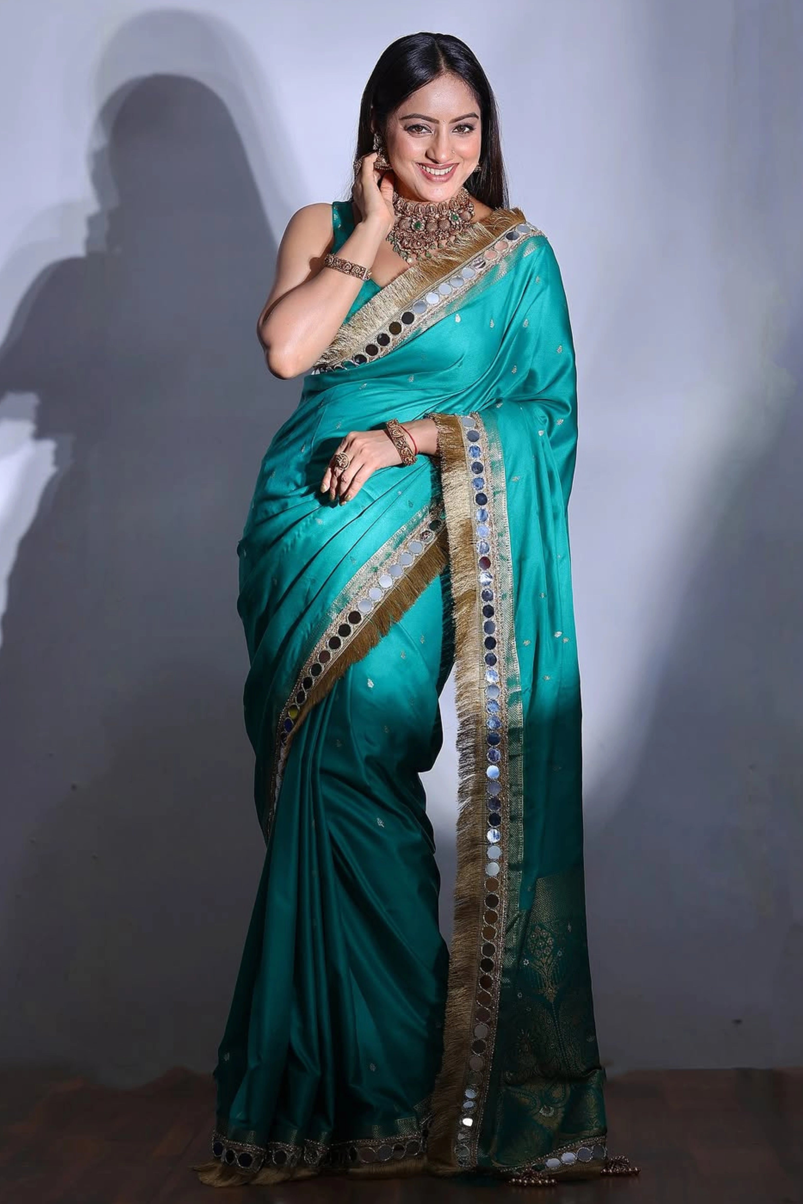 Blue Banarasi Silk Saree with Gold Zari Mirror Work Border and Matching Blouse