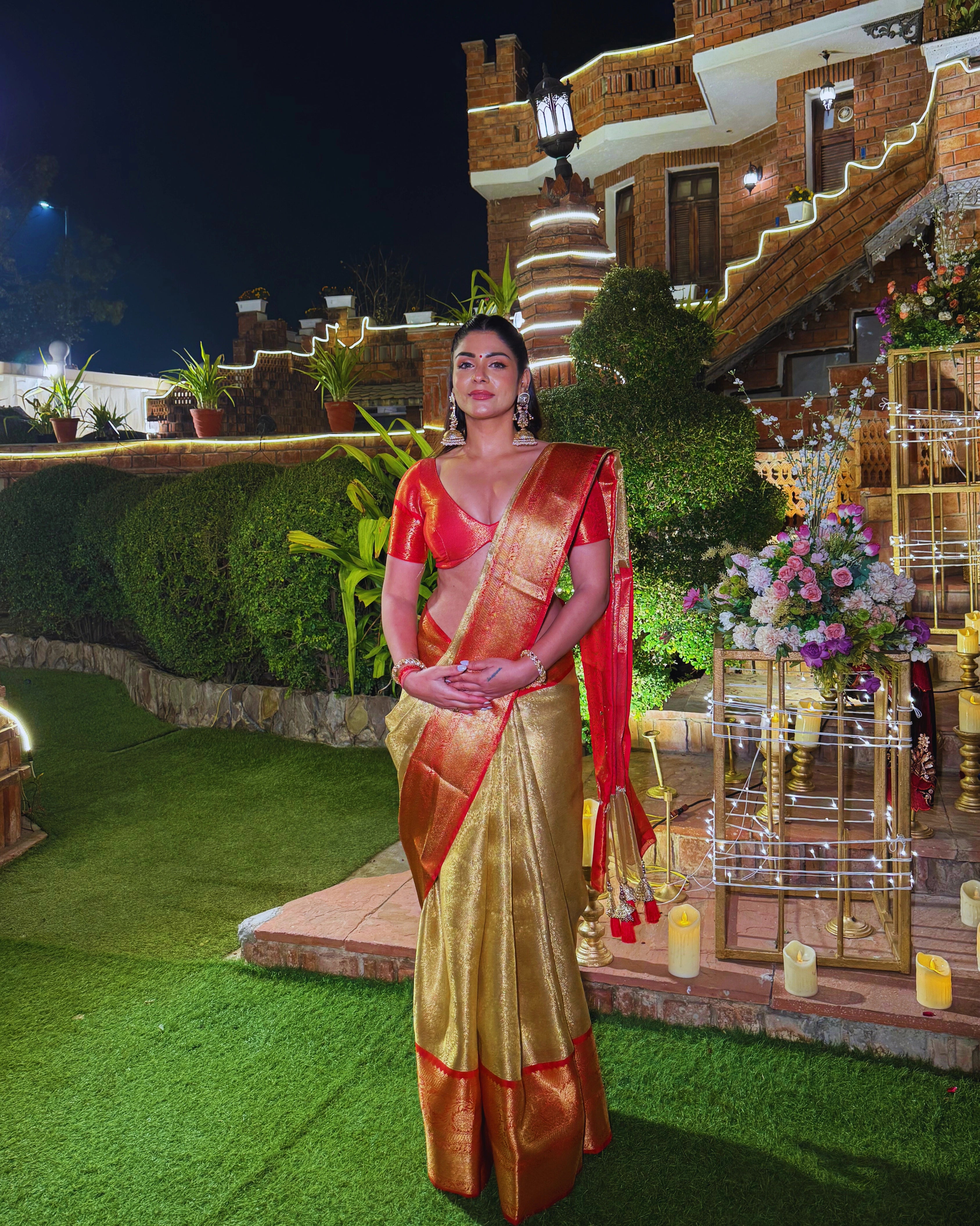 Gold Pure Banarasi Silk Saree with Orange Zari Border and Contrast Orange Blouse