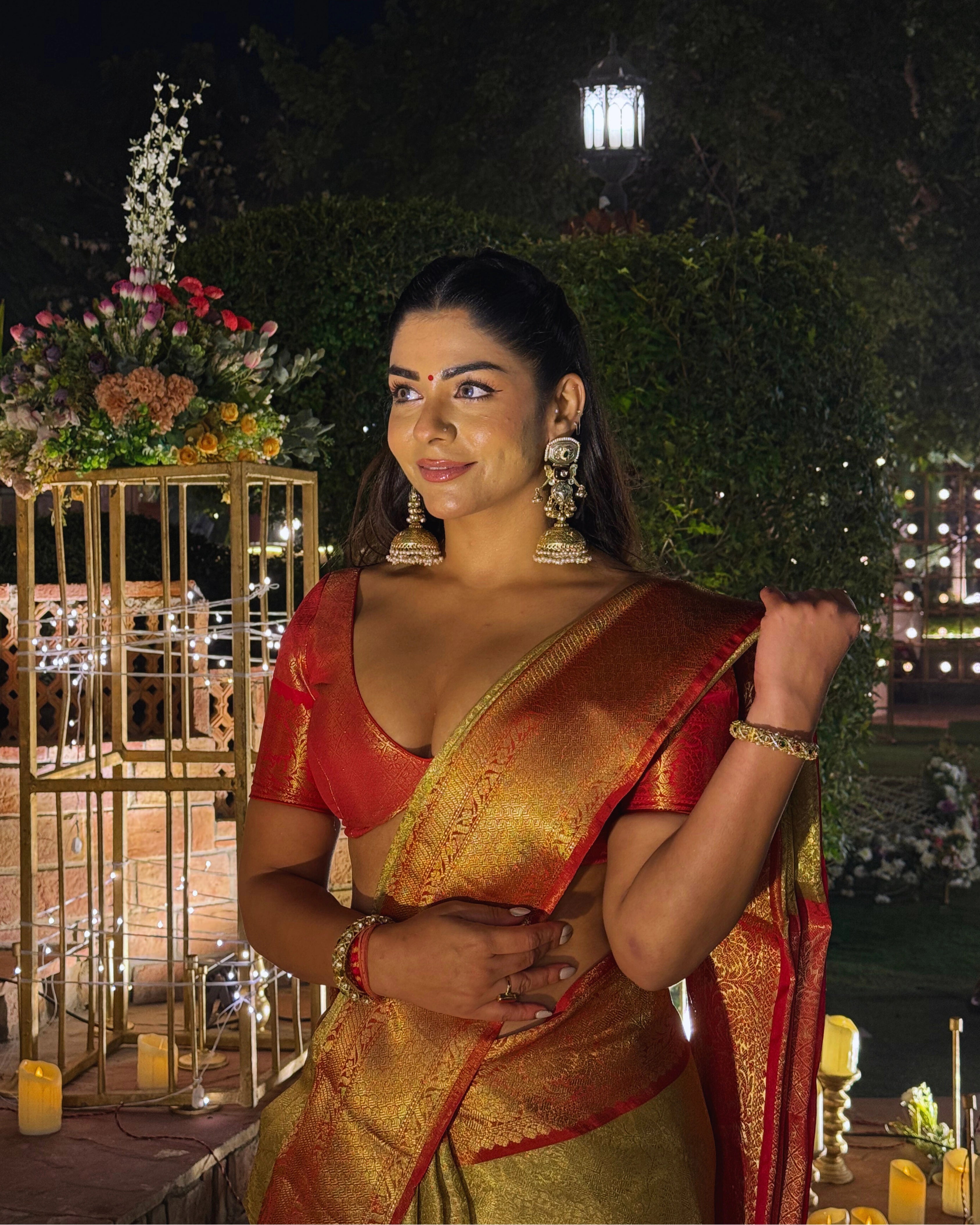 Gold Pure Banarasi Silk Saree with Orange Zari Border and Contrast Orange Blouse