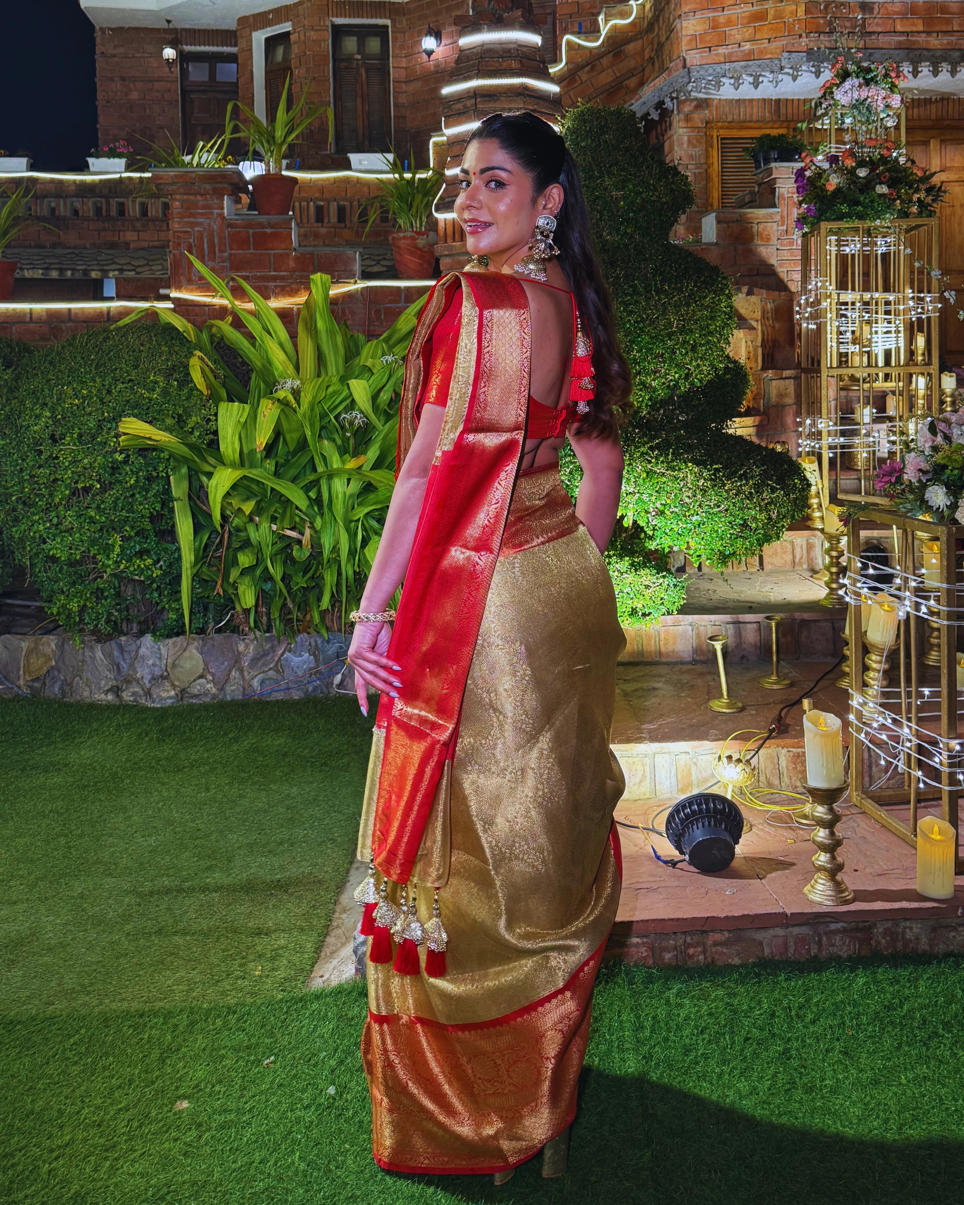 Gold Pure Banarasi Silk Saree with Orange Zari Border and Contrast Orange Blouse