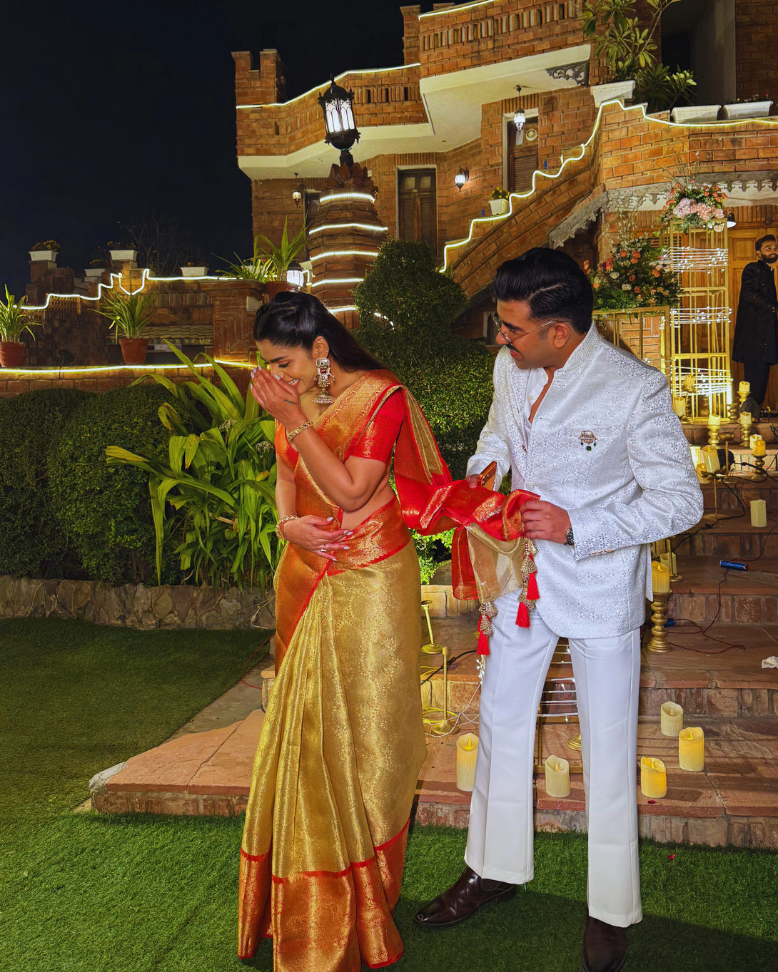 Gold Pure Banarasi Silk Saree with Orange Zari Border and Contrast Ora ...