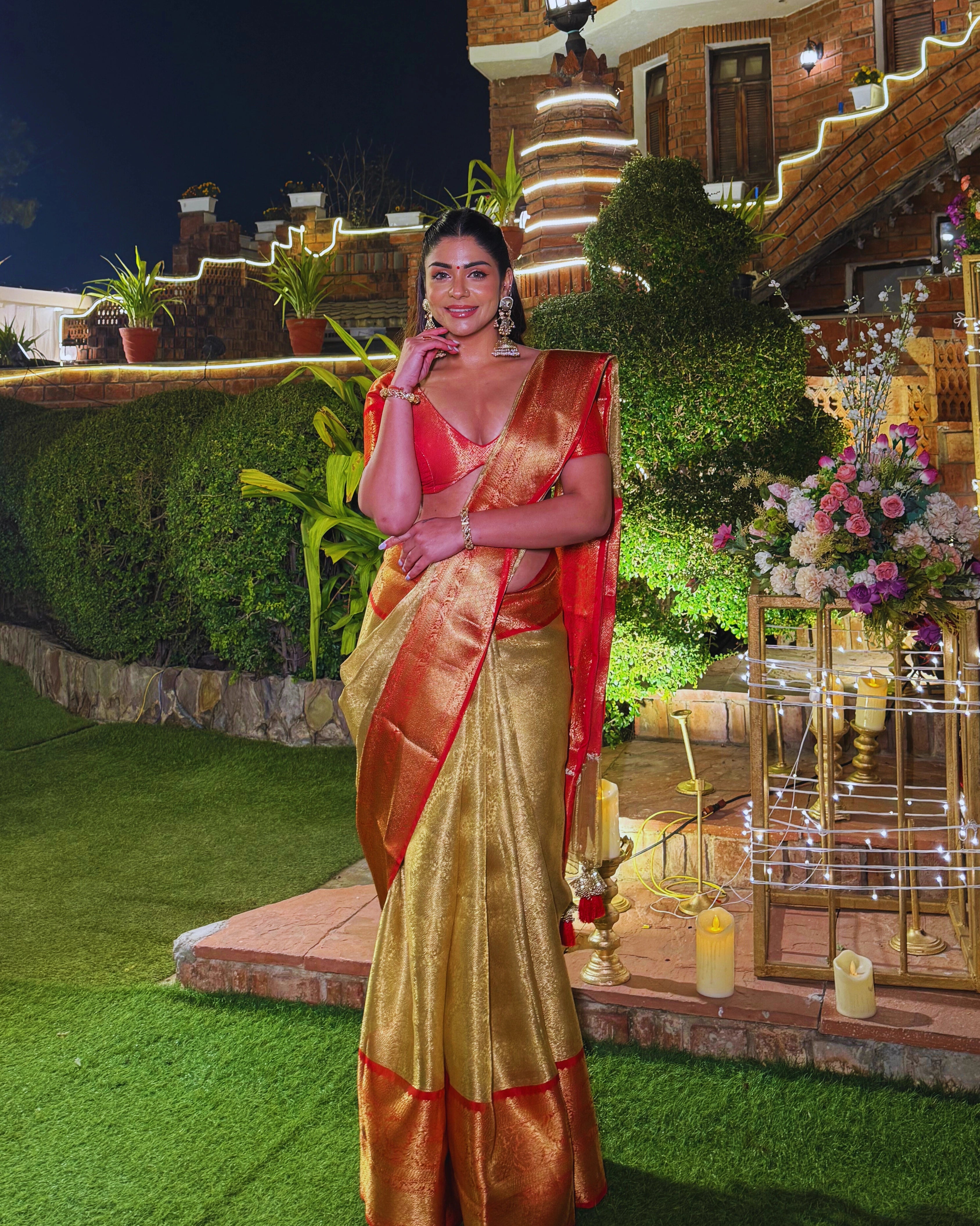 Gold Pure Banarasi Silk Saree with Orange Zari Border and Contrast Orange Blouse