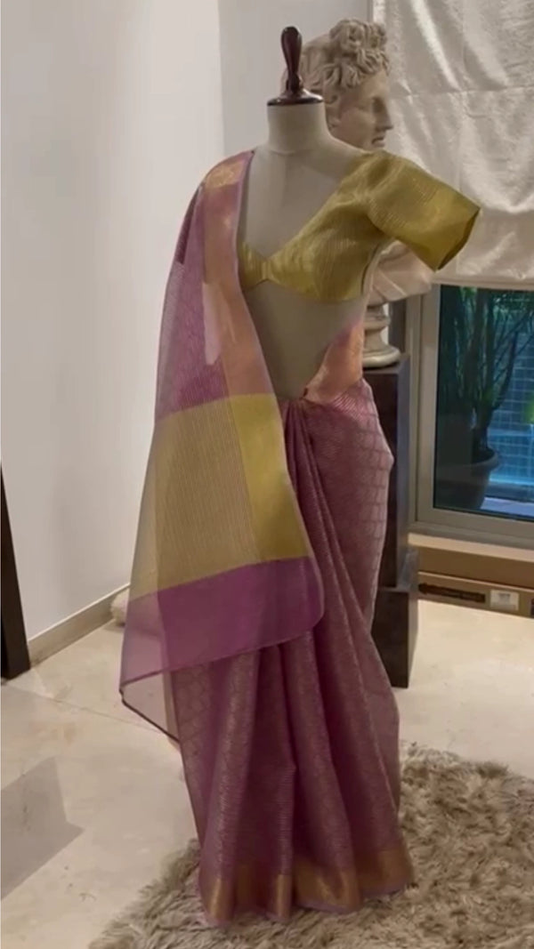 Pink Banarasi Organza Silk Saree with Dual Tone Dotted Checks Pattern and Leaf Design Gold Zari Border